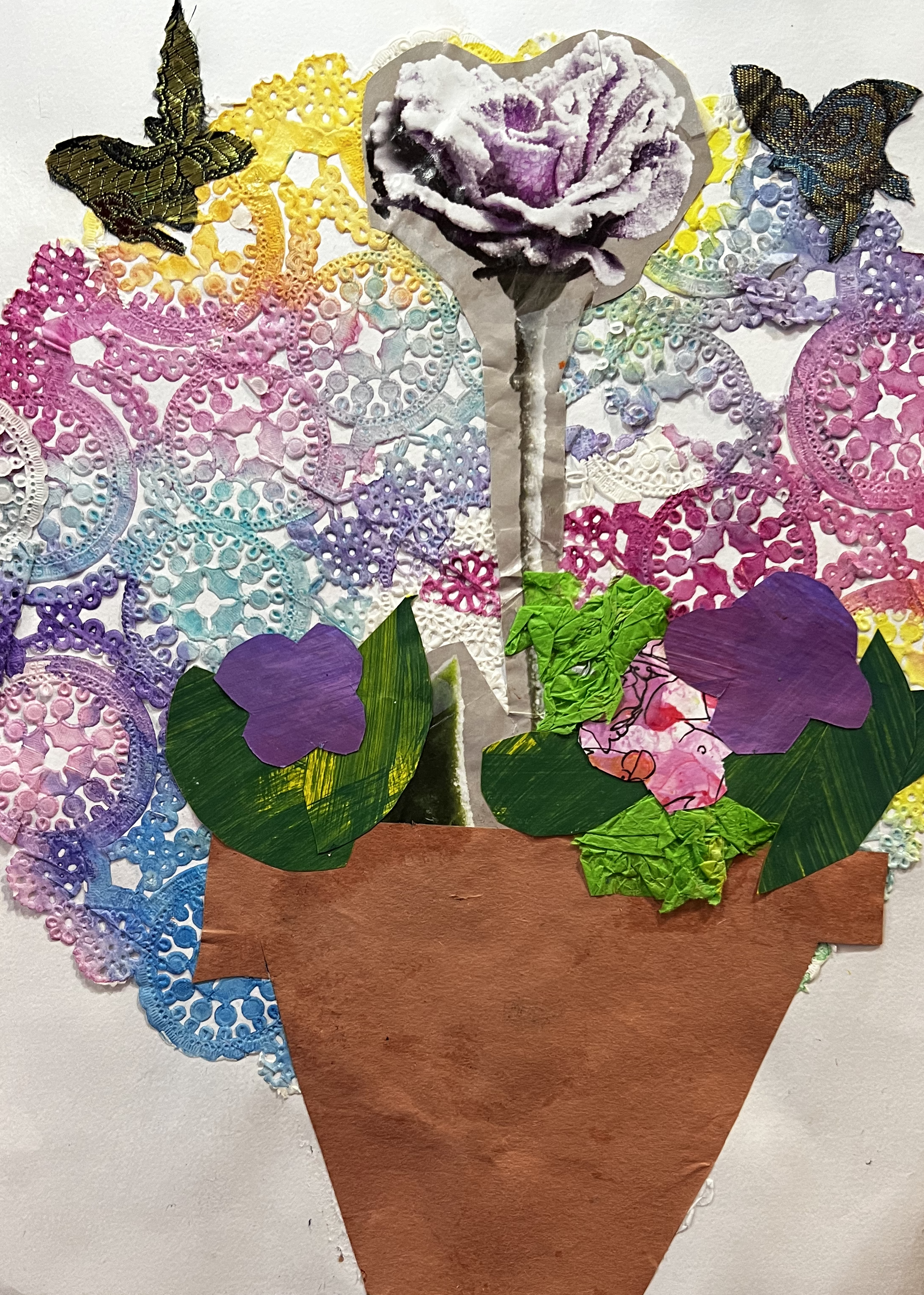 Mixed media collage of flowers in the pot