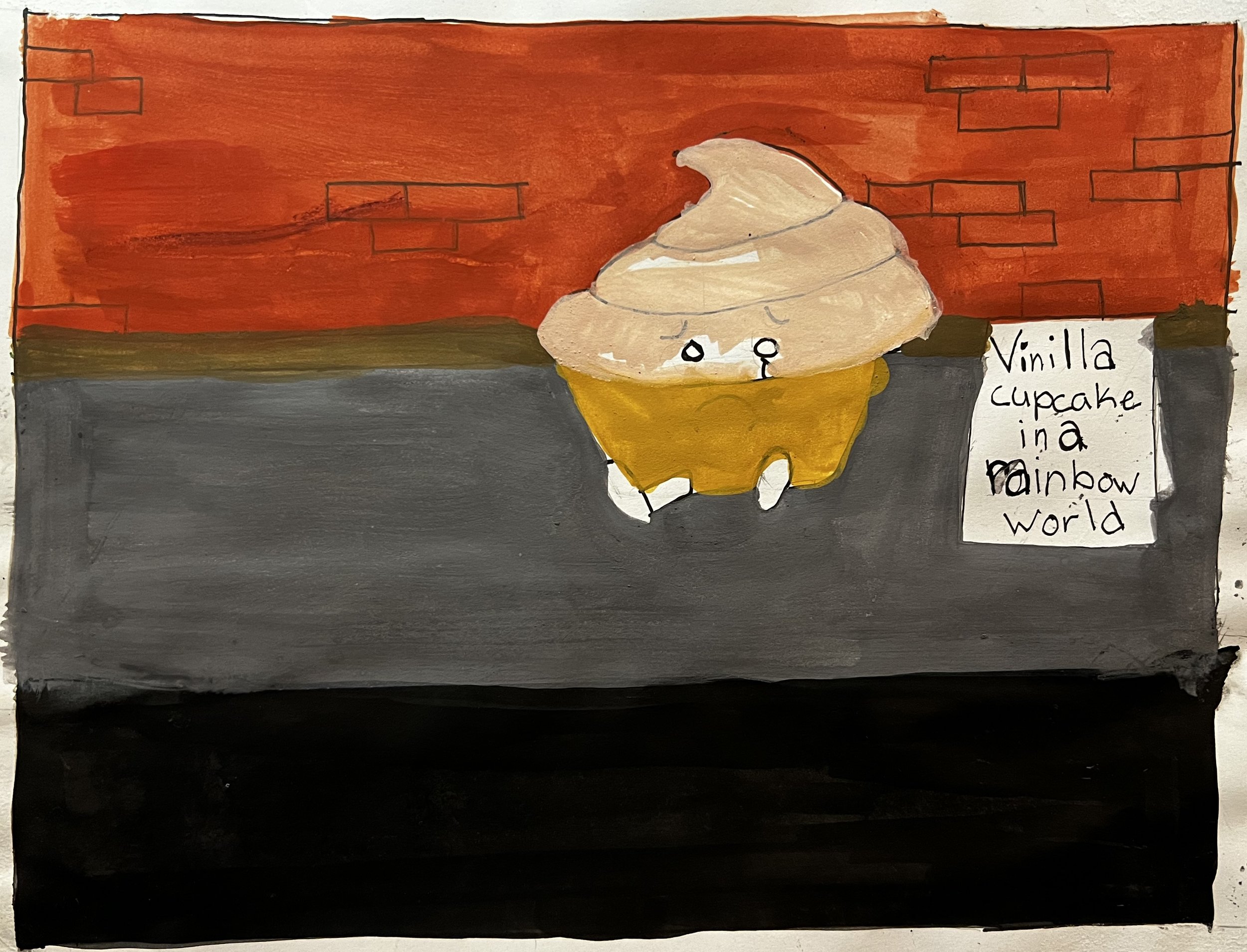 Frowning cupcake sitting on the sidewalk with a sign that says "vinila cupcake in a rainbow world"