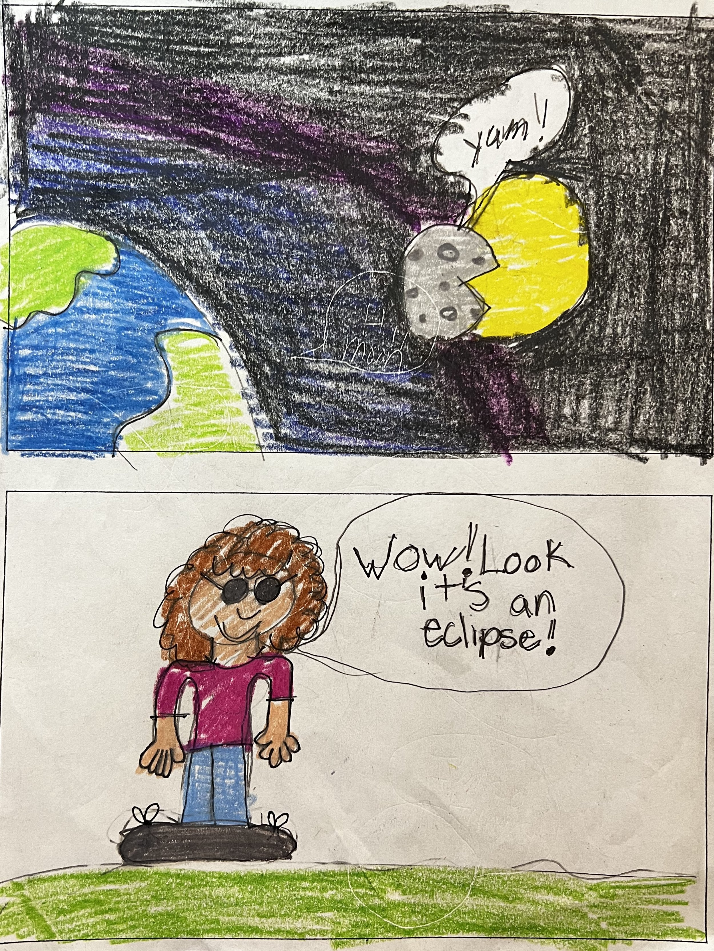 pacman shaped moon taking a bit out of the sun: "Yum". panel 2, person wearing dark glasses: "Wow look, its an eclipse"