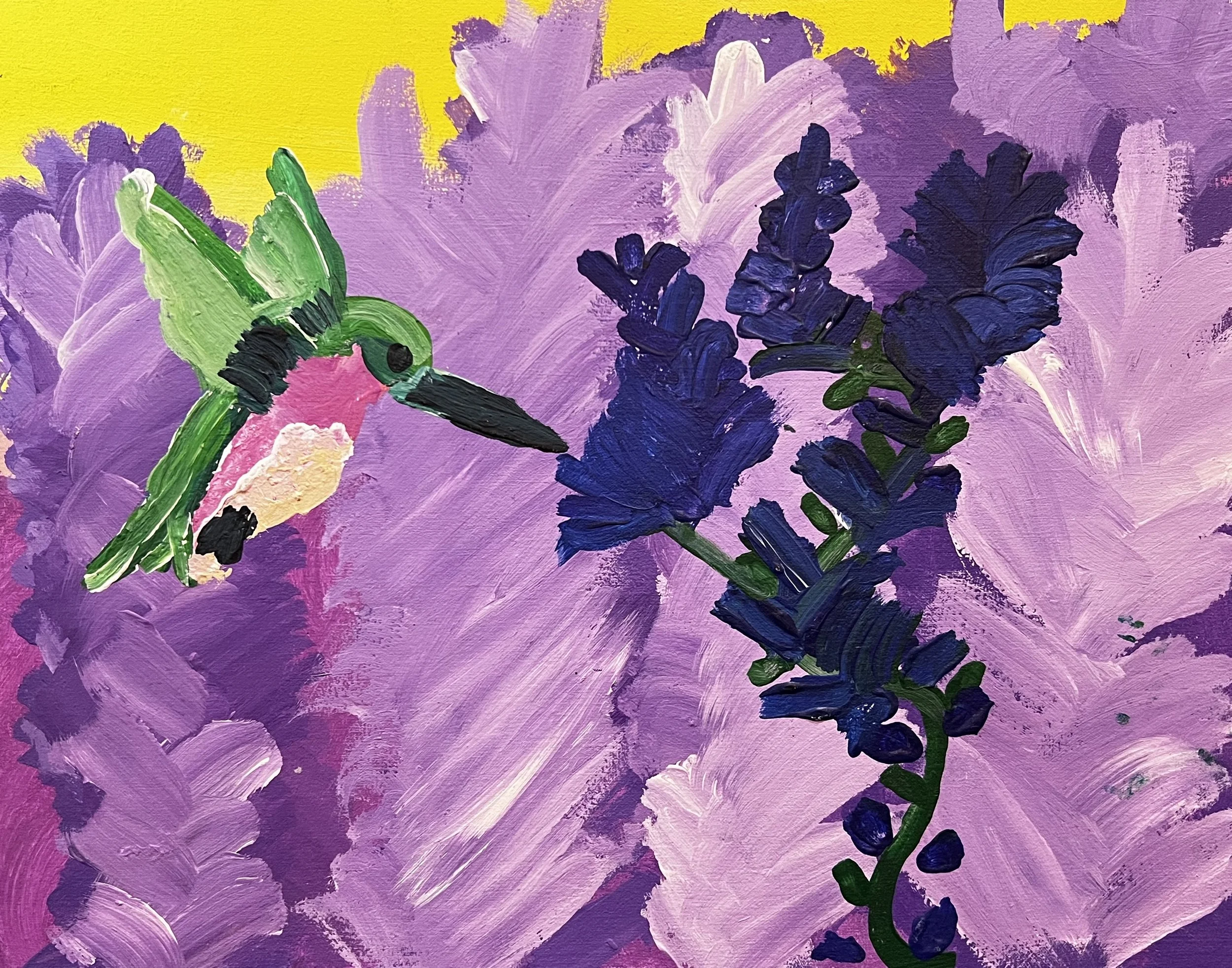 Painting of a hummingbird sipping from a wisteria bloom