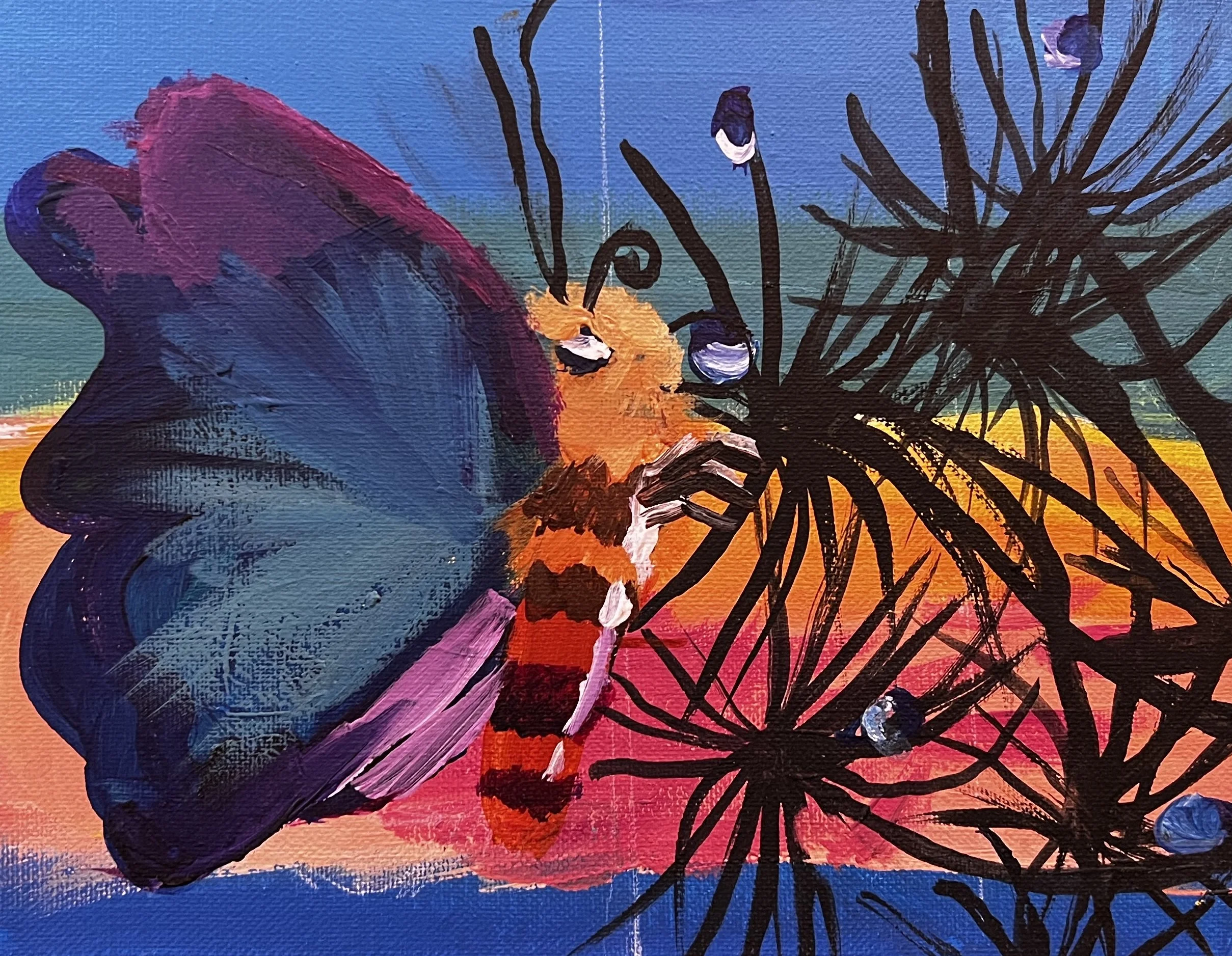 Painting of a butterfly perfed on a dandelion puffball