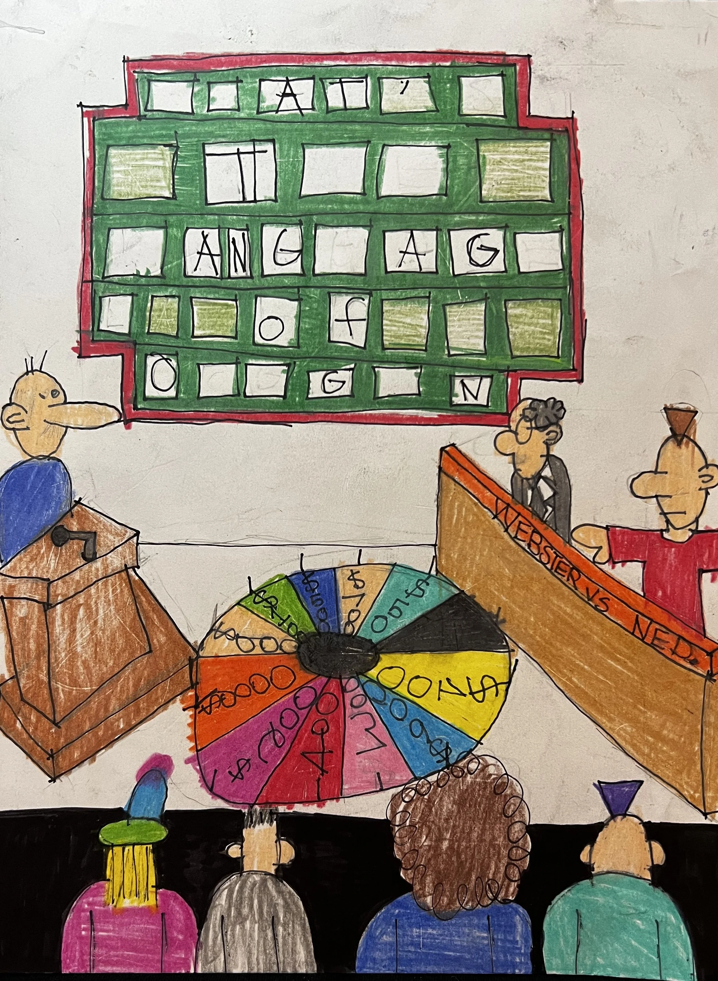 Drawing of wheel of fortune game show, the contestants are "Webster" ina s suit and "Ned" with a T-shirt and Mohawk. The board reads: "__at'_ _ang_ag_ of o__g_n"