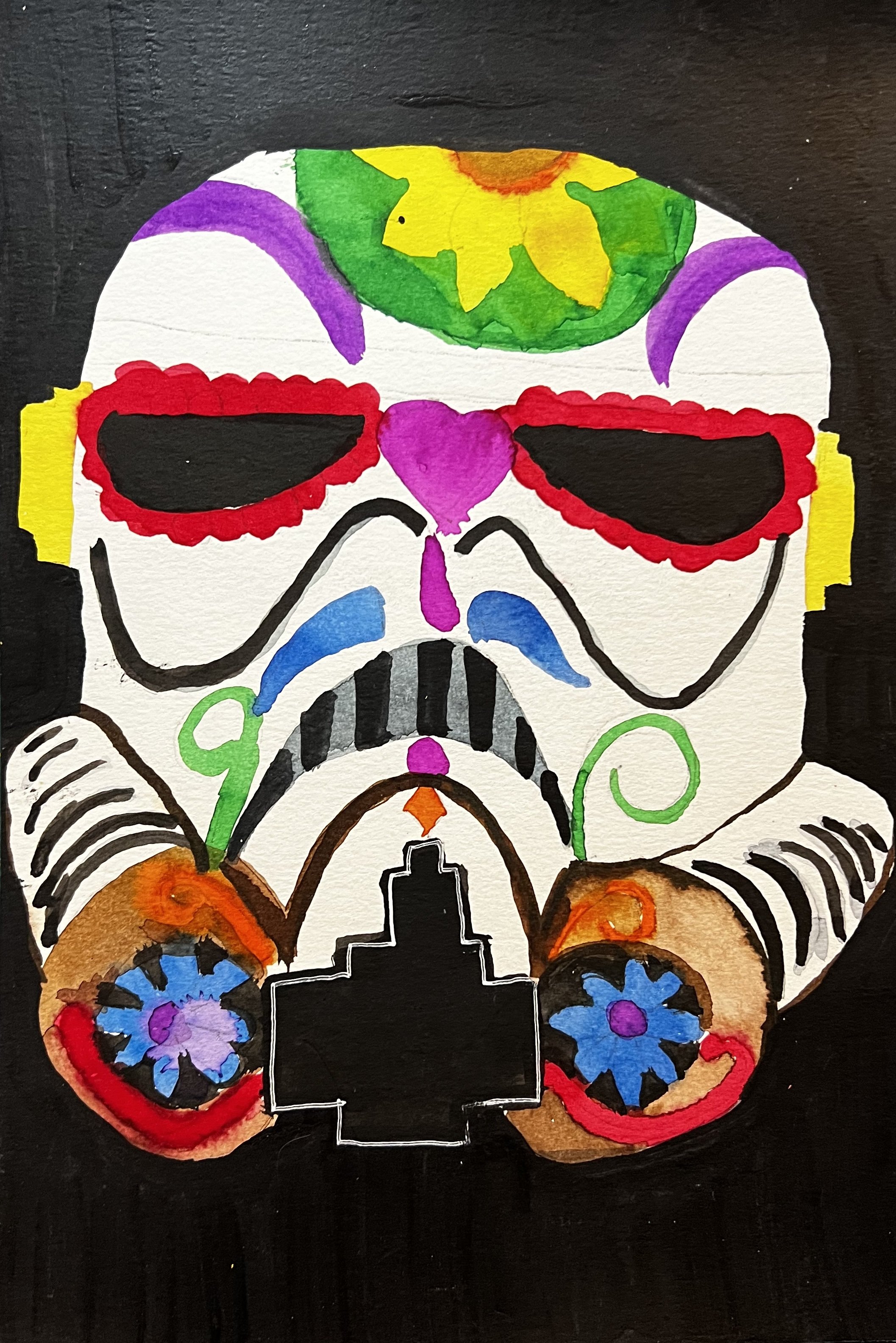 Stormtrooper helmet decorated in the style of a mexican candy skull