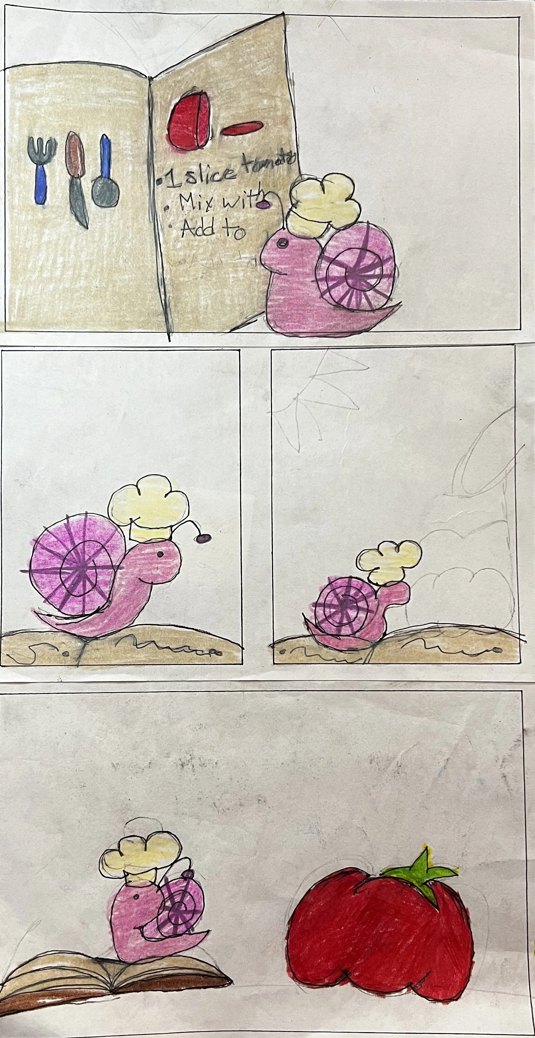 Comic. Snail wearing chef hat looks at recipe that calls for "1 slice tomato", then spends 2 panels crossing the cookbook to finally arrive at a tomato larger than it is. 
