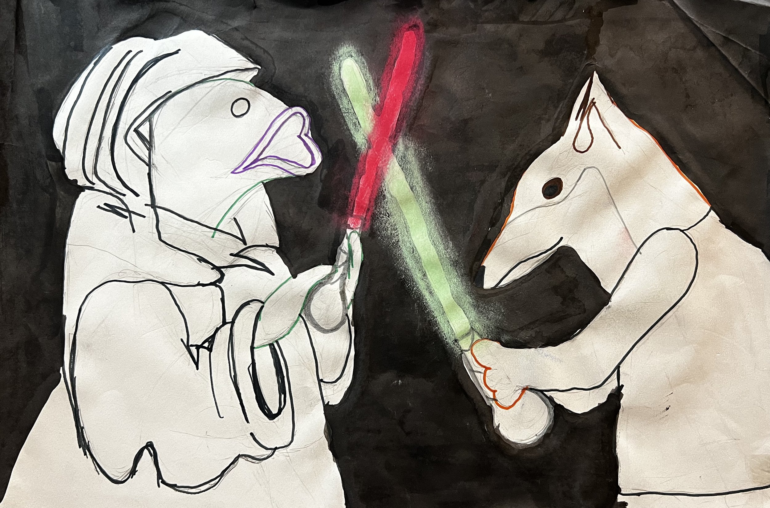 A fish and a fox fighting with lightsabers