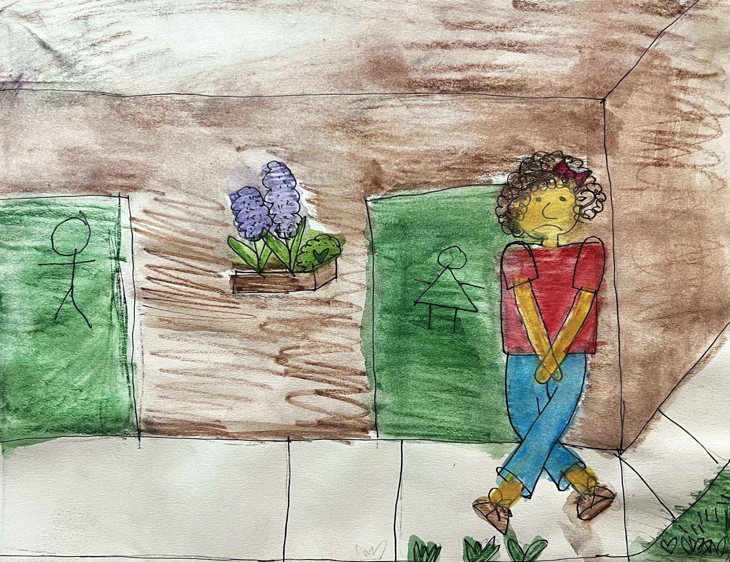 Person frowning with arms and legs crossed, standing in front of a bathroom door