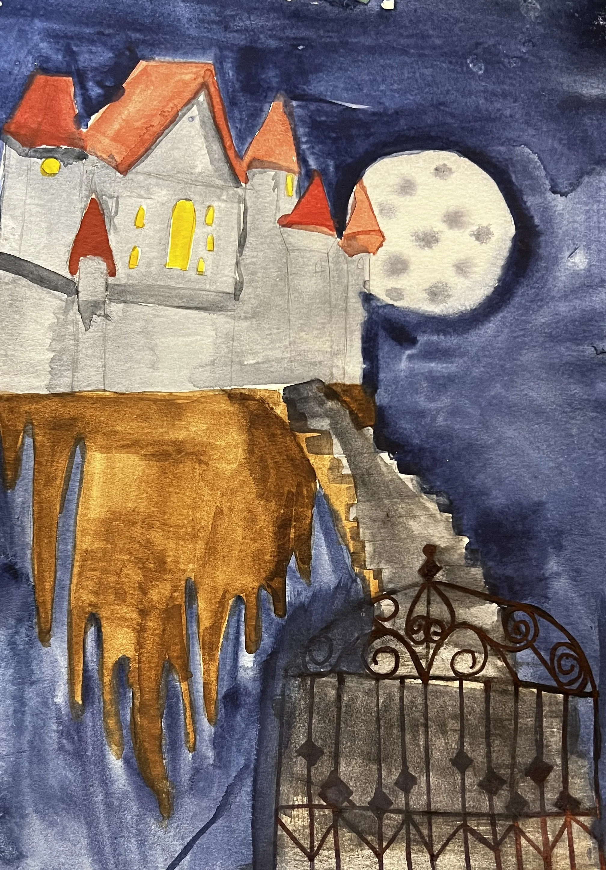 A stairway in the foreground ascends to a floating castle illuminated by the full moon