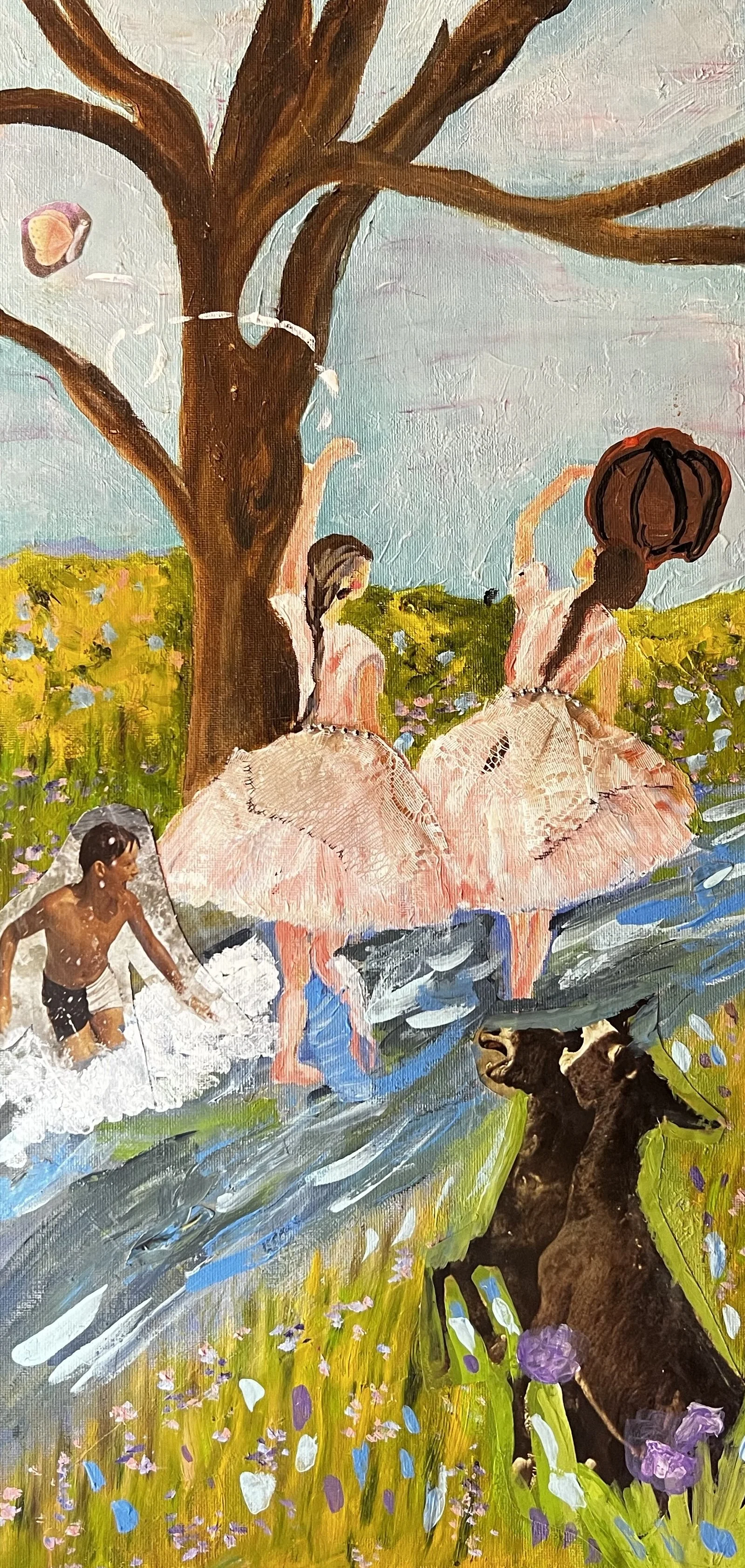 Painted ballerinas collages with a boy splashin in water and some donkeys