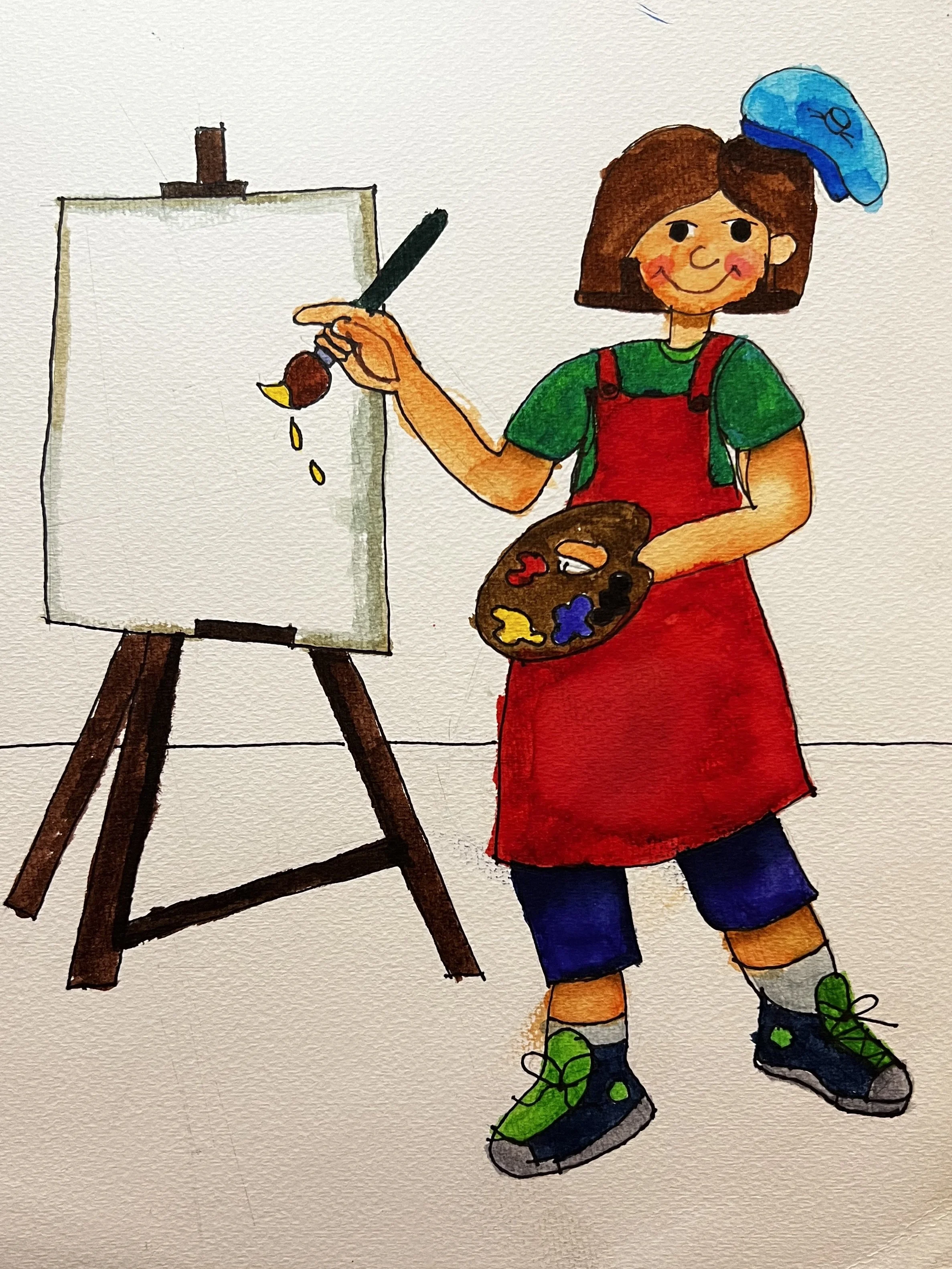 Woman holding a painbrush and palette in front of an easel