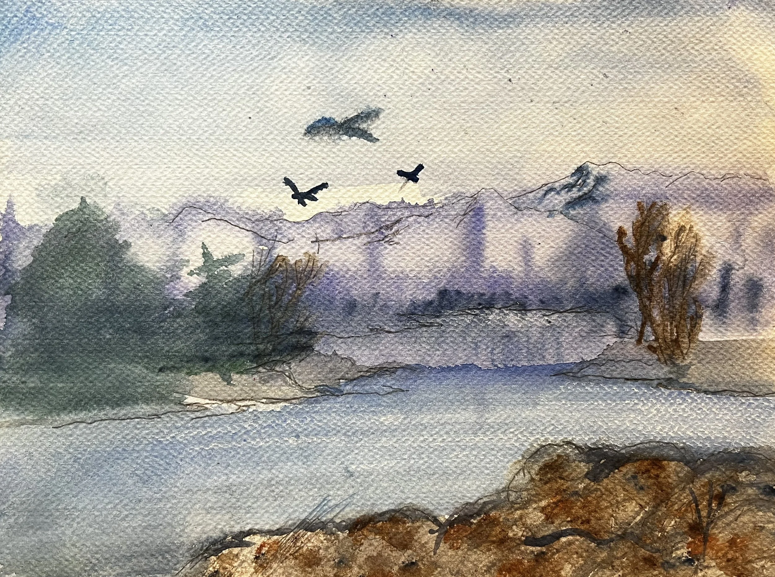 Lake with mountains and birds