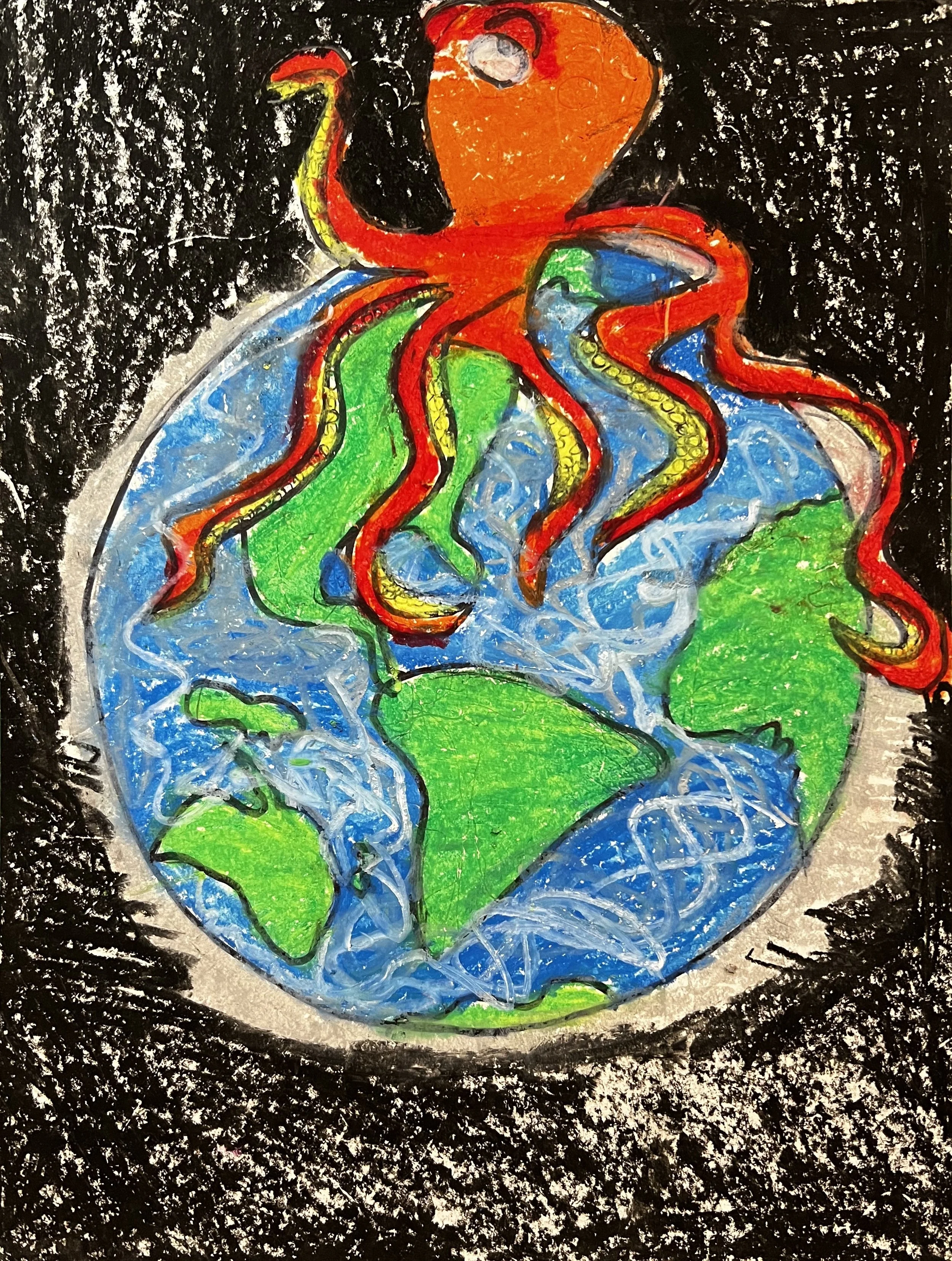 Pastel drawing of an octopus wrapping around the earth