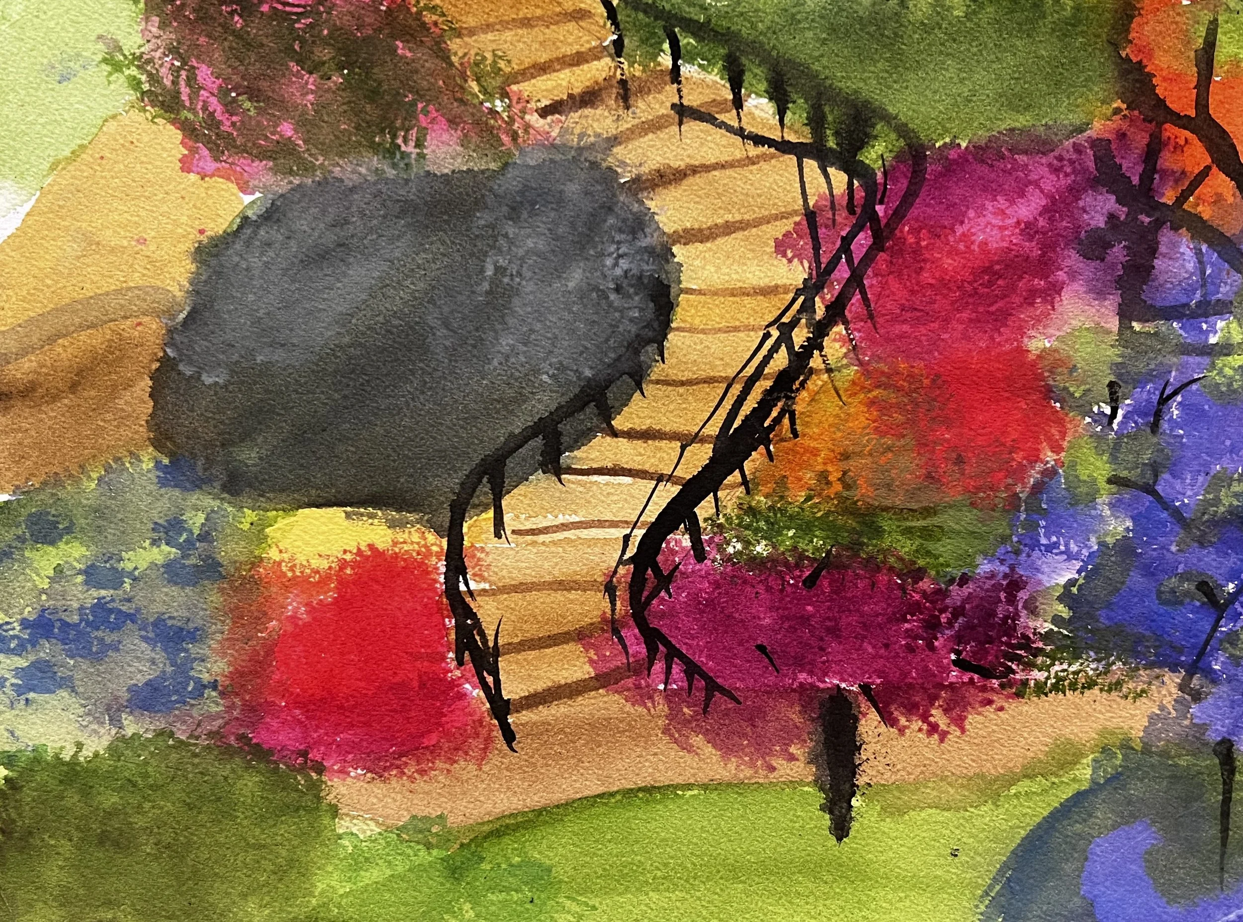 Stairway winding between flower beds