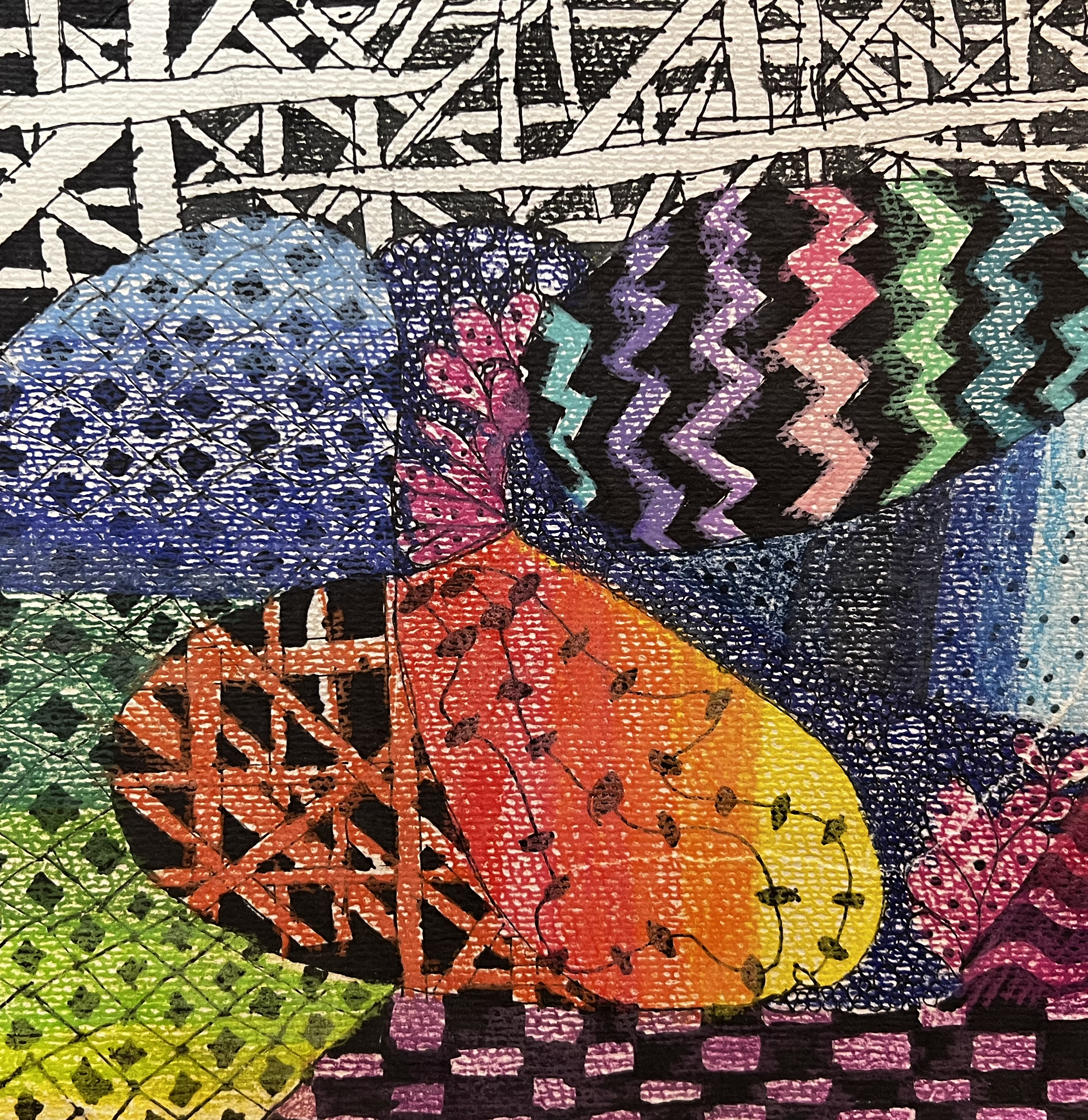 squiggles reminiscent of a buttefly, filled with birght colors and patterns