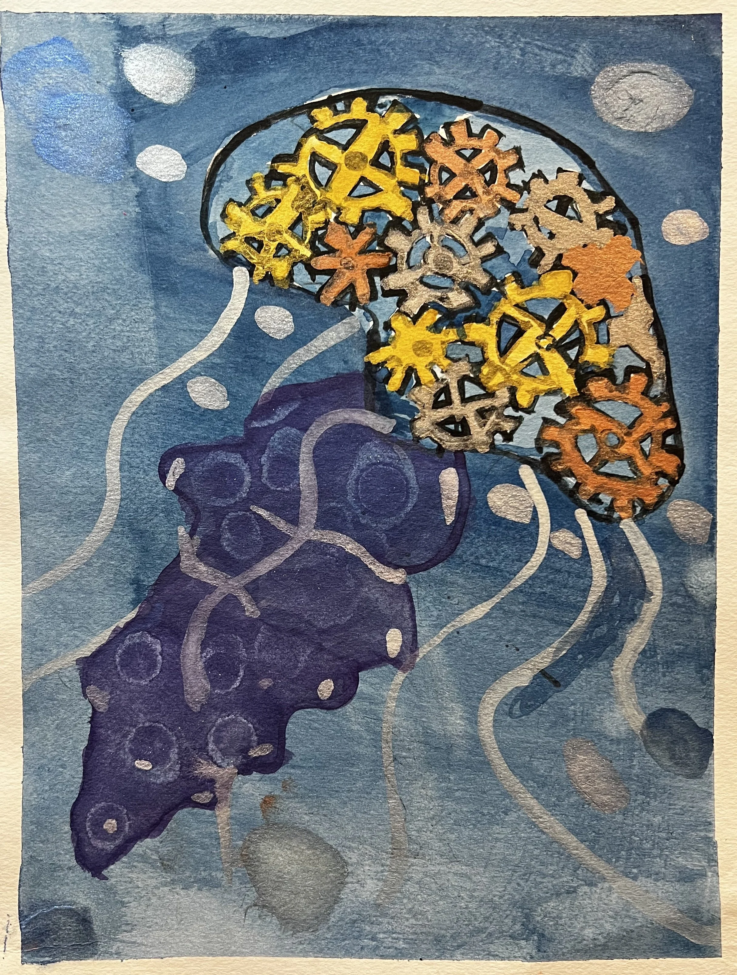 Painting of a jellyfish with a bell made of gears