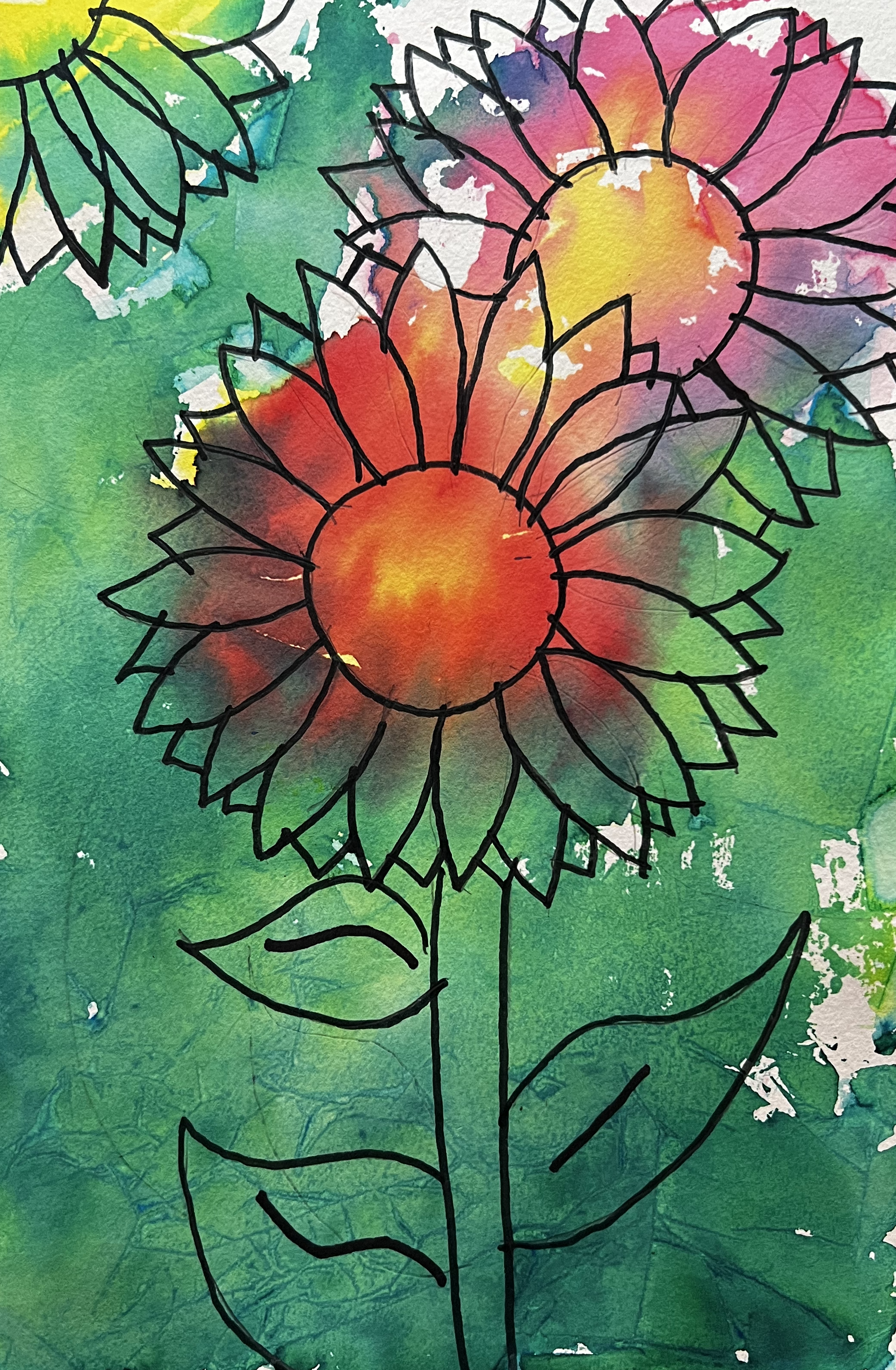 Ink and Watercolor composition of sunflowers