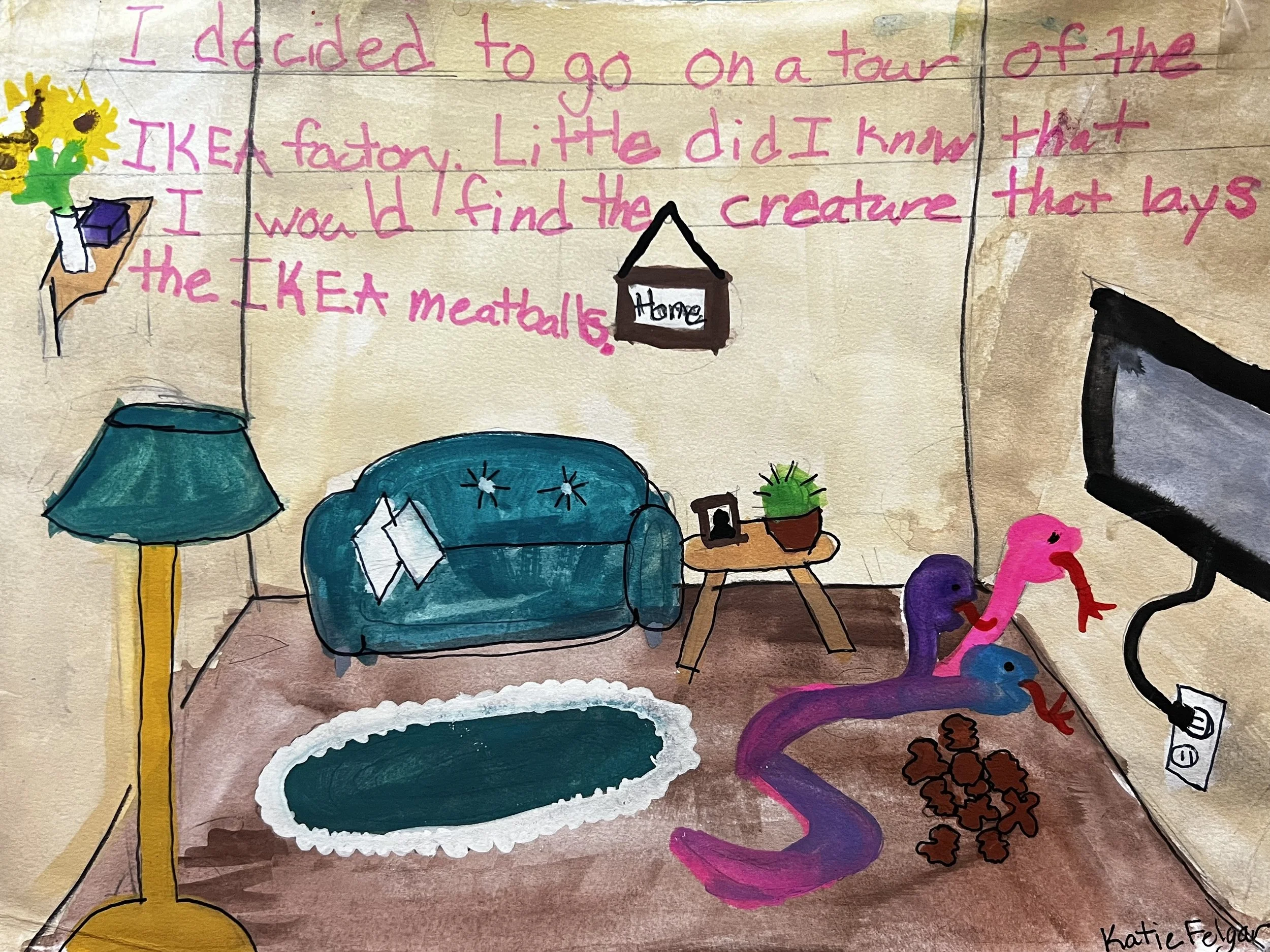 3 headed sanke among furniture and meatballs, caption: "I decided to go on a tour of the Ikea factory. Little did I know I would find the creature that lays the ikea meatballs