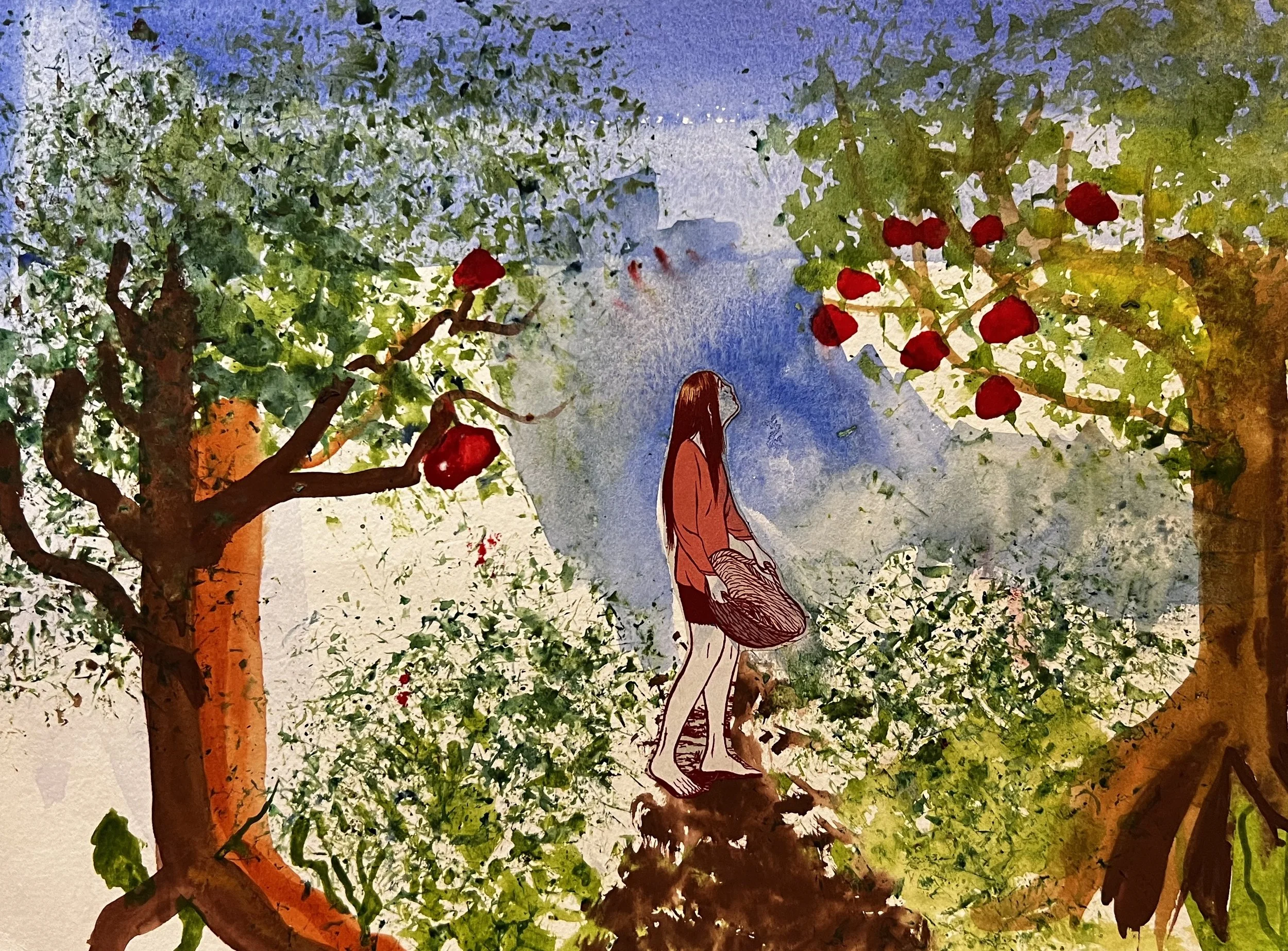 Collage & painting of a woman carrying a basket among apple trees