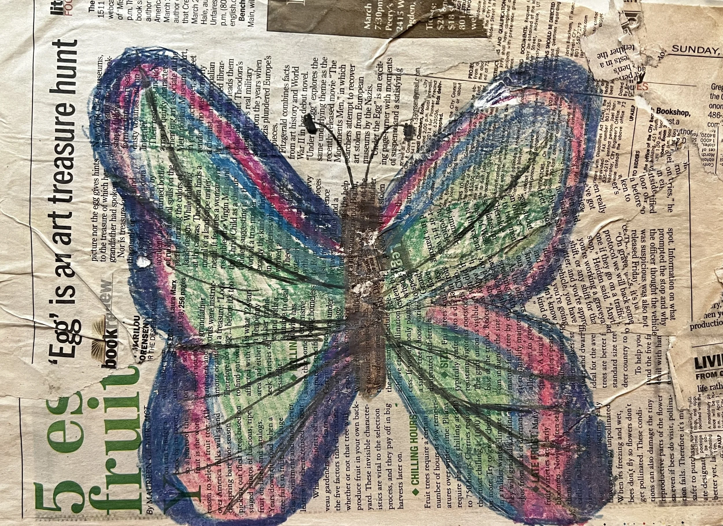 Drawing of a butterfly, on newsprint