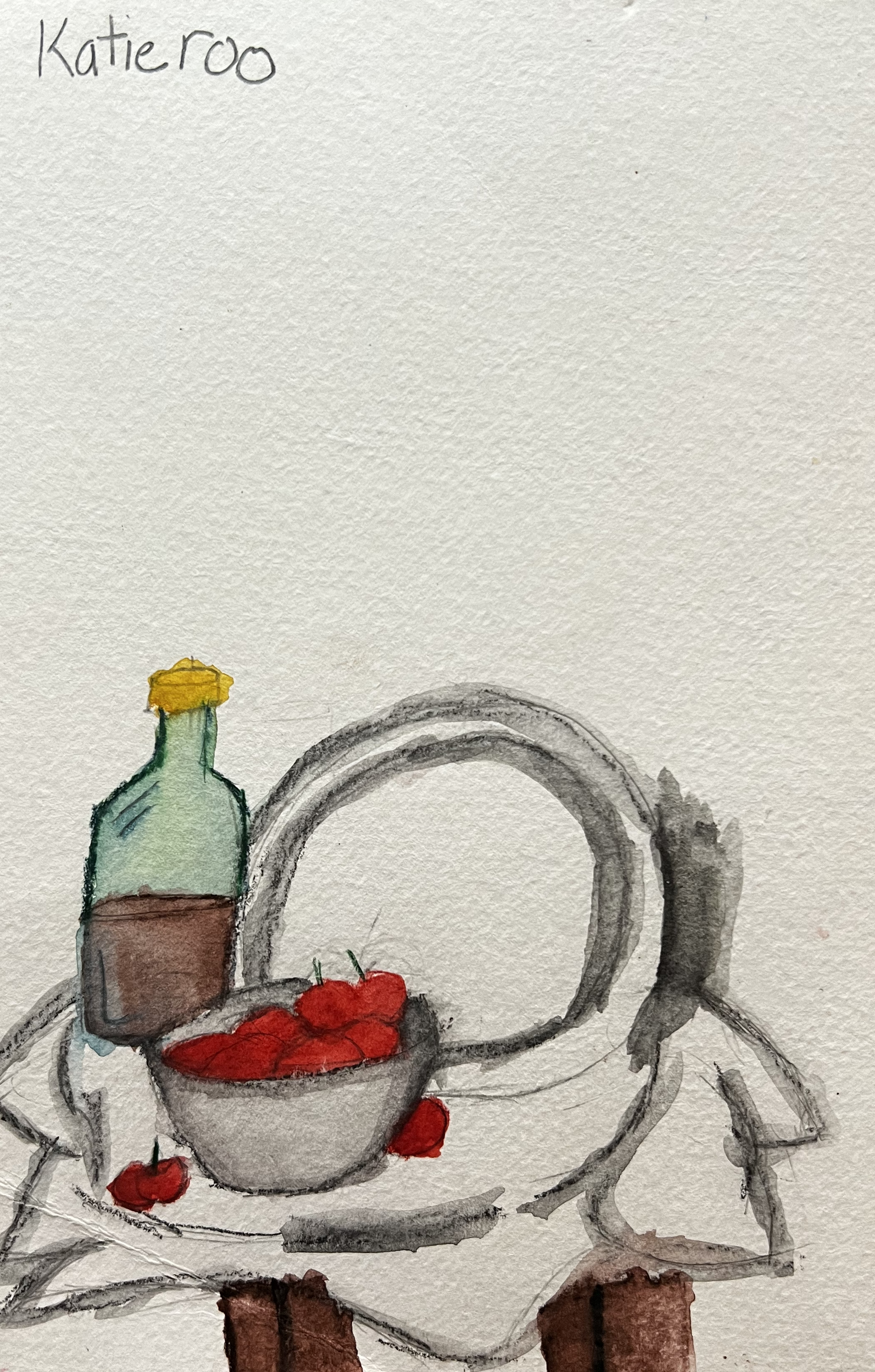 A basket, bowl of cherries, and bottle of wine