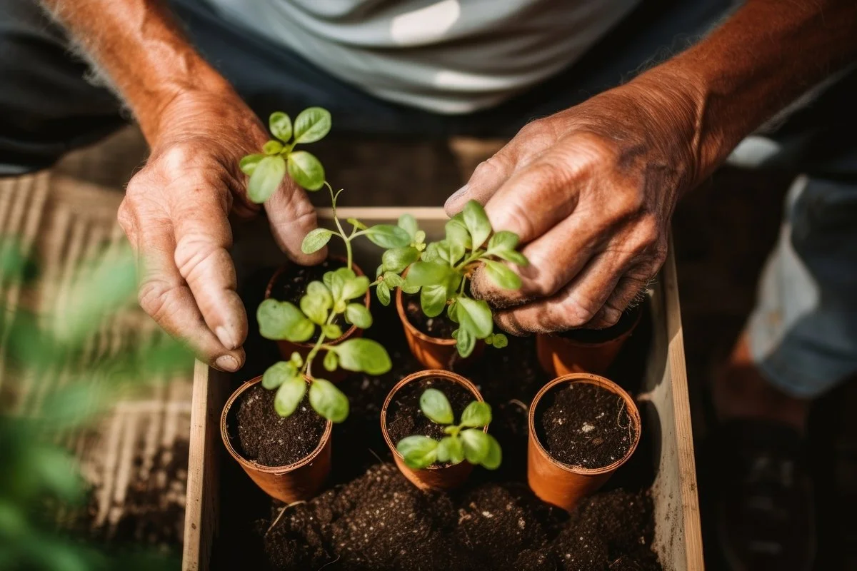 Hände kümmern sich um frische Setzlinge – vermittelt Begleitung, Orientierung und Content-Beratung zum Start in die Selbstständigkeit.