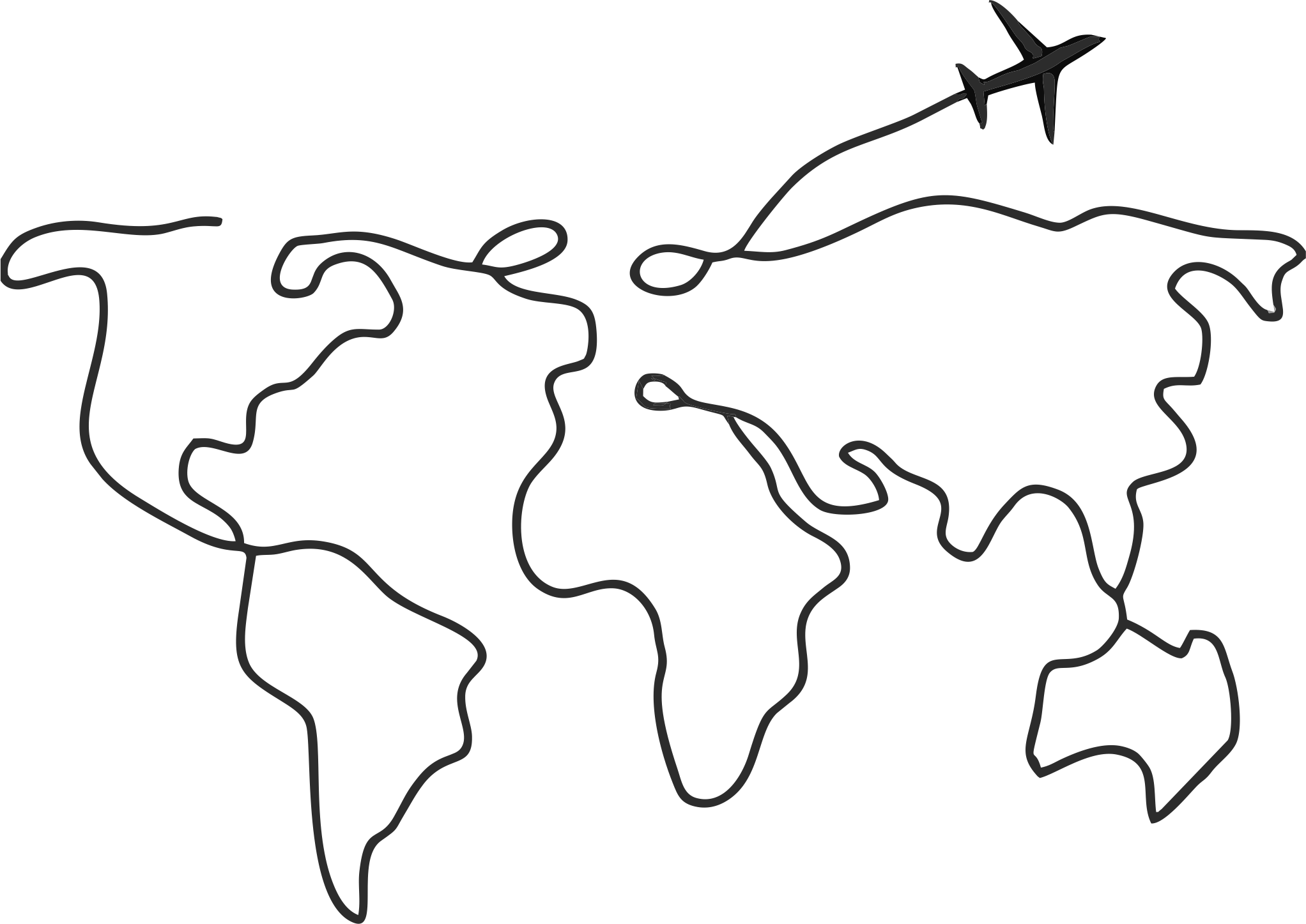 Linienzeichnung einer Weltkarte mit stilisierten Kontinenten. Ein Flugzeug fliegt von rechts oben über die Karte und hinterlässt eine geschwungene Fluglinie.