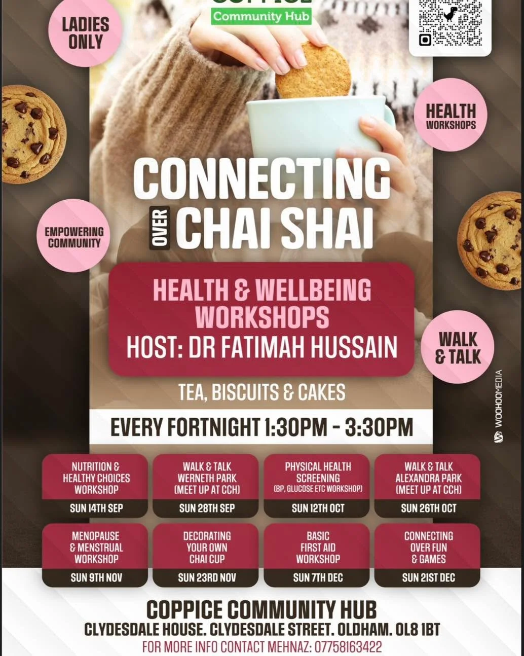 🌸 Ladies Only | Connecting Over Chai Shai 🌸
Join us at Coppice Community Hub for our Health &amp; Wellbeing Workshops with Dr Fatimah Hussain. Enjoy tea, biscuits &amp; cakes while learning, sharing, and connecting.
🗓 Every fortnight, Sundays 1:30