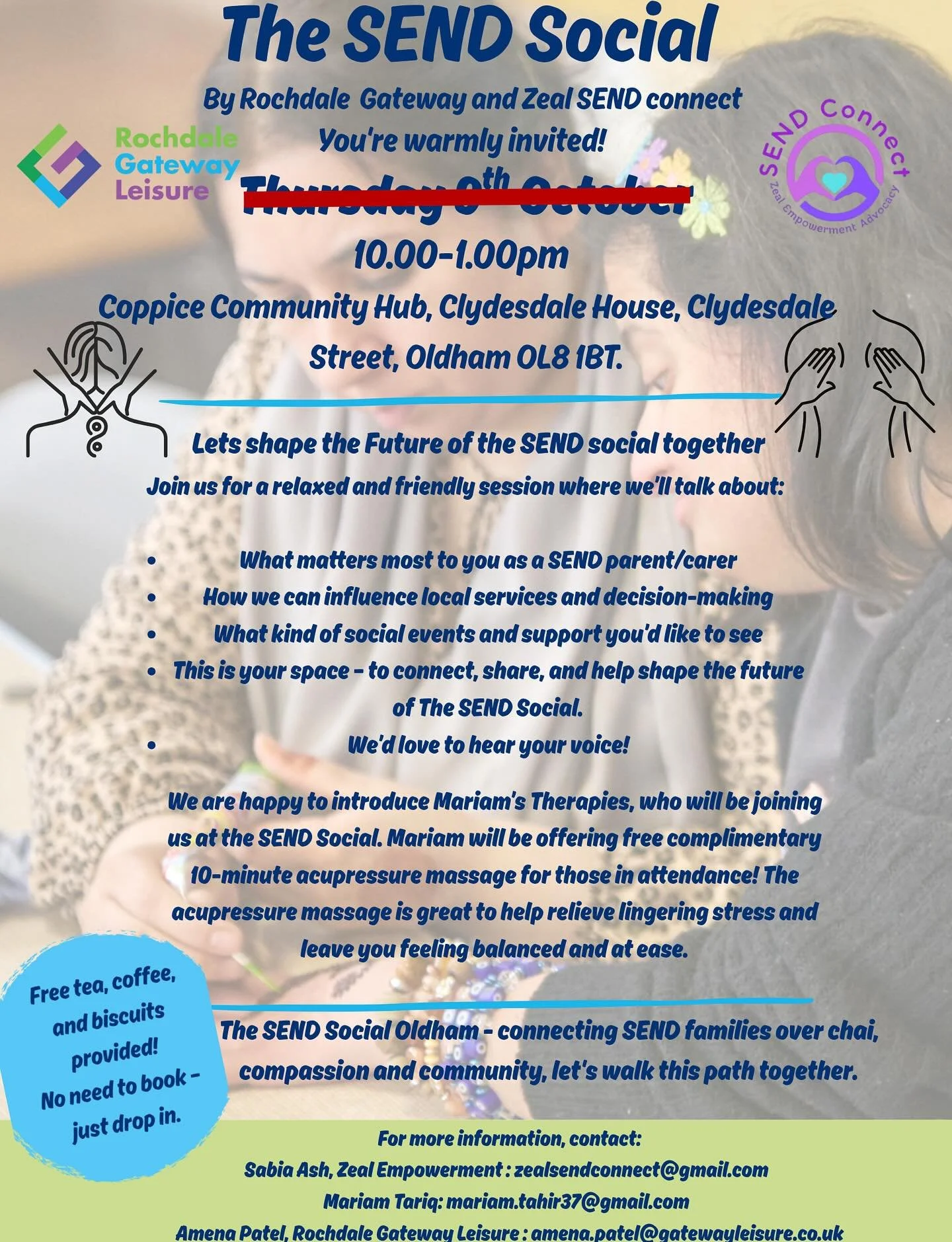 🌟 SEN Coffee Morning at Coppice Community Hub ☕
Join us for a relaxed and welcoming SEN Coffee Morning, where parents and carers can come together for support, guidance, and a friendly chat.

📍 Coppice Community Hub

Come along to meet other parent