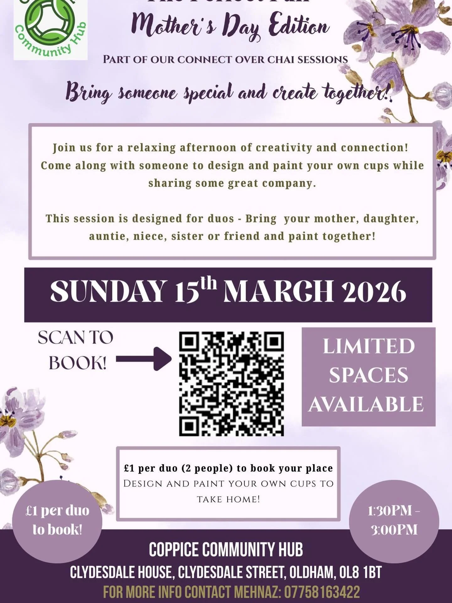 🌸 Upcoming Duo Mother&rsquo;s Day Event 🌸

Join us at the Coppice Community Hub on Sunday 15th March, 1:30&ndash;3:00 PM for a creative and fun Mother&rsquo;s Day session!

During this special event, you&rsquo;ll be designing and painting your own 