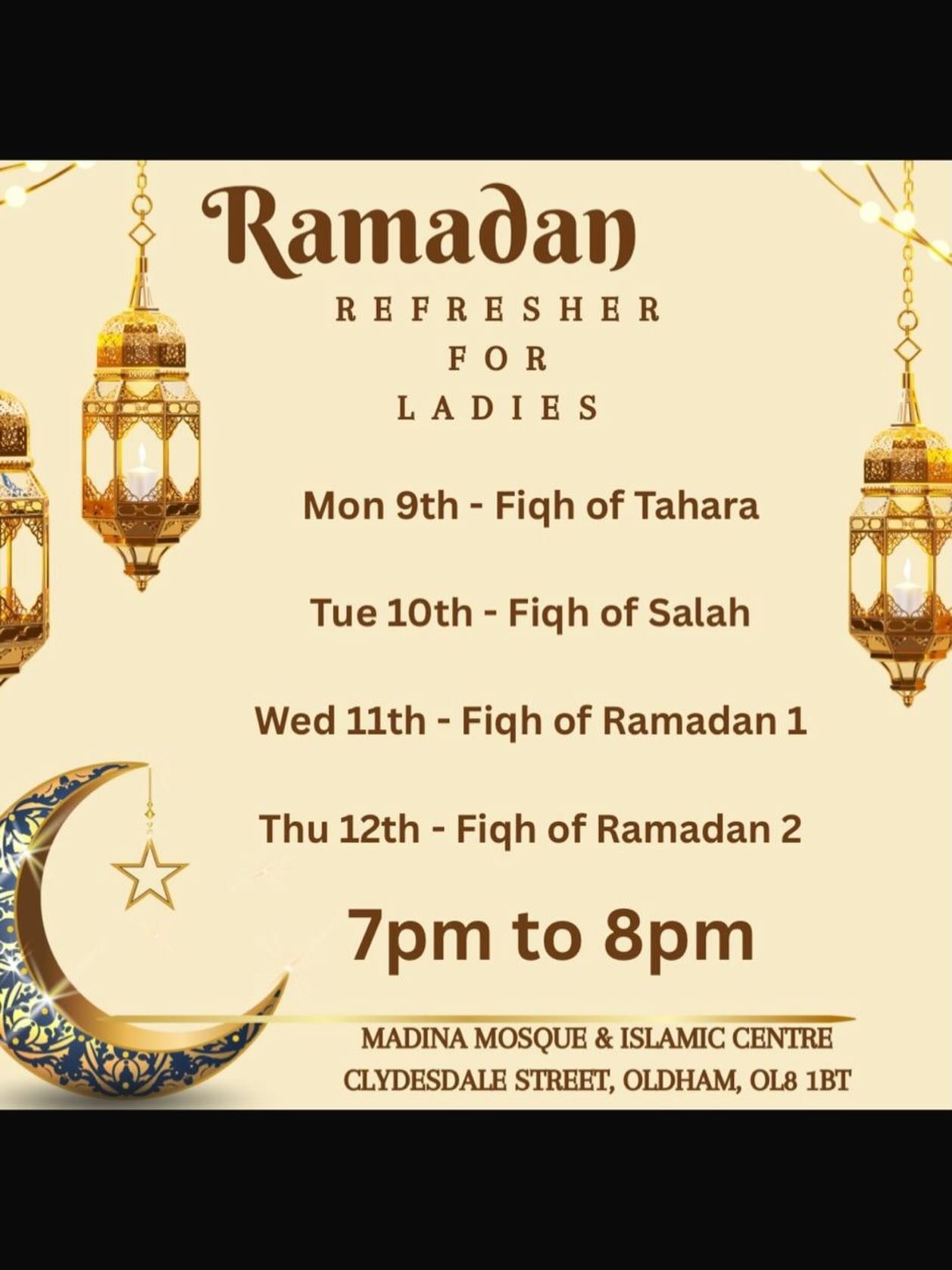 🌙 Ramdhan Refresher Class&rsquo;s for Ladies 🌙

As the blessed month of Ramdhan approaches, we invite all sisters to join a special Ramdhan Refresher Class&rsquo;s designed to strengthen our understanding of this sacred month.

✨ Learn the do&rsquo