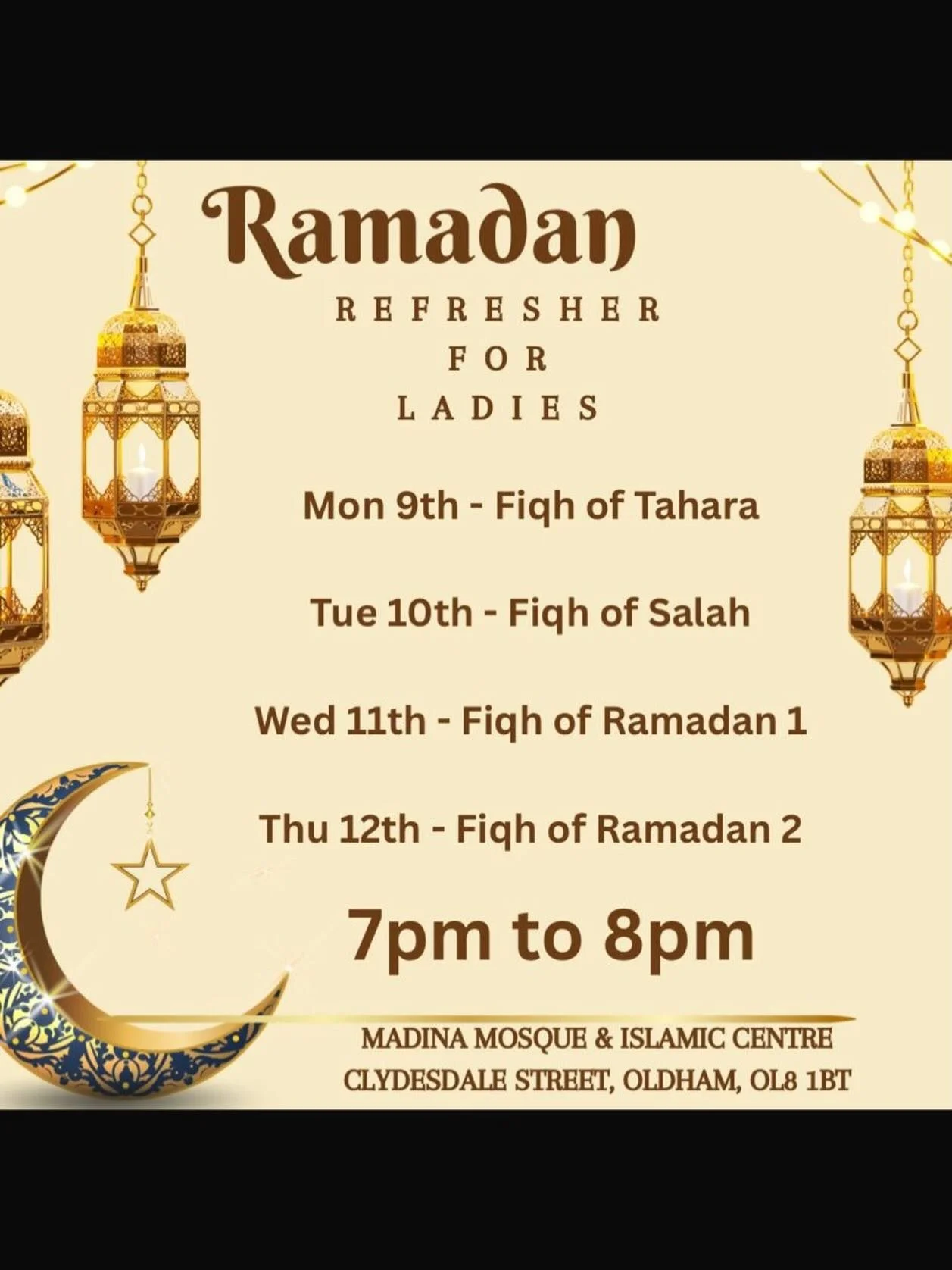 🌙 Ramdhan Refresher Class&rsquo;s for Ladies 🌙

As the blessed month of Ramdhan approaches, we invite all sisters to join a special Ramdhan Refresher Class&rsquo;s designed to strengthen our understanding of this sacred month.

✨ Learn the do&rsquo
