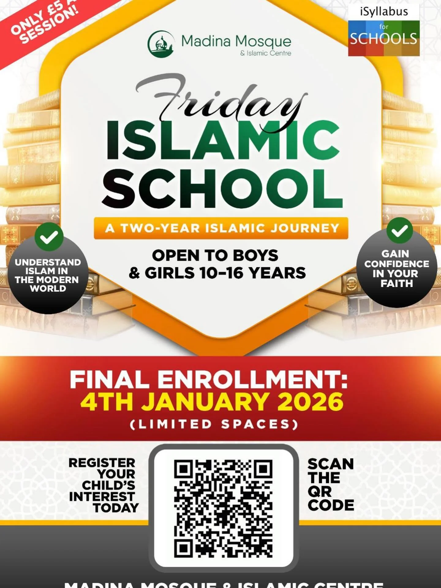 🚨 Attention Parents &ndash; Final Enrollment Reminder 🚨

Are you concerned about your child&rsquo;s Islamic understanding and confidence in today&rsquo;s society? Our Friday Islamic School offers a structured two-year journey for boys and girls age