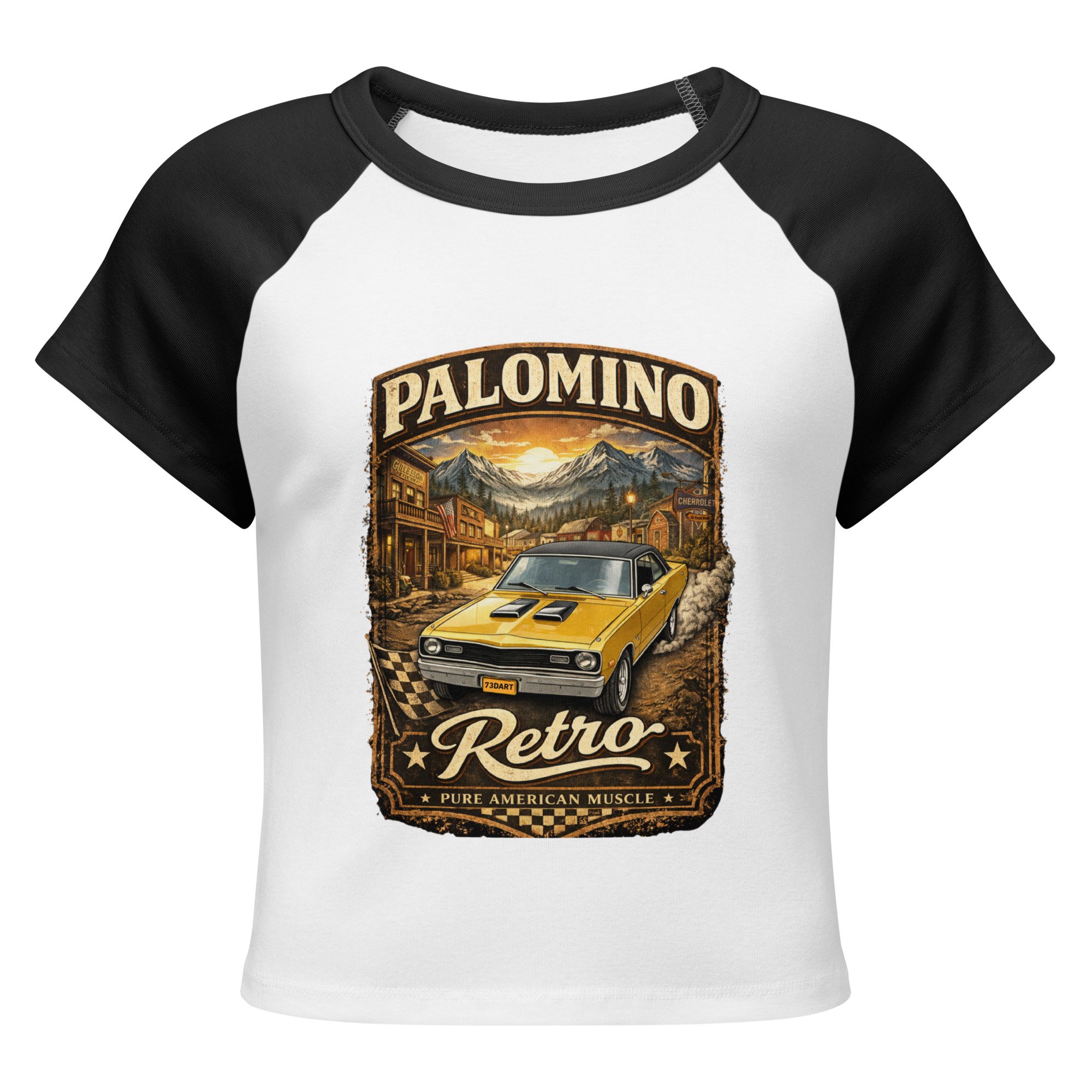 Women’s Dodge Dart Swinger Baby Tee – 1973 Mopar Muscle Crop T-Shirt | Palomino Retro