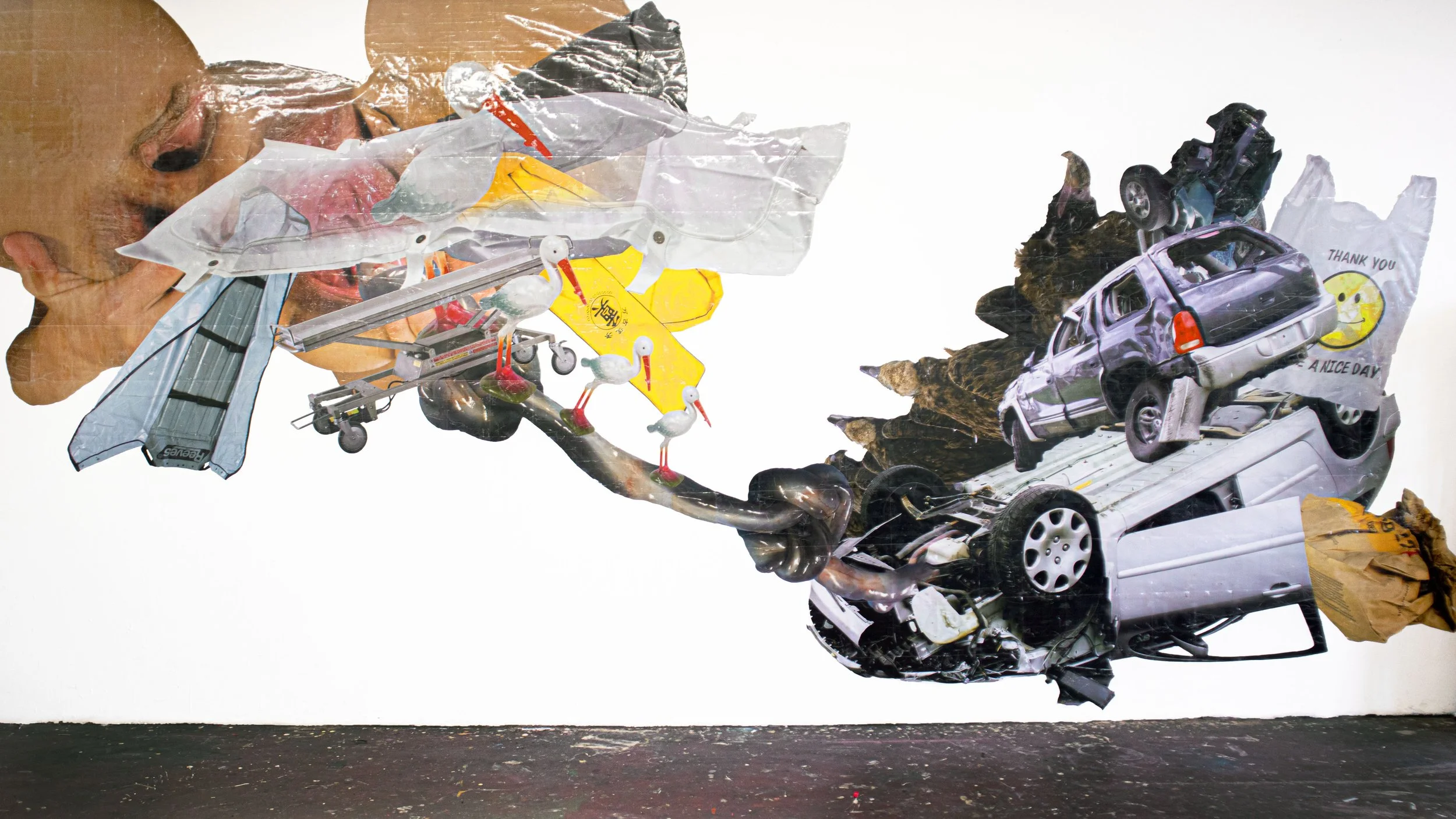 Dead on Arrival, 2025. Laser print, and saran tape. 4 m × 7m.