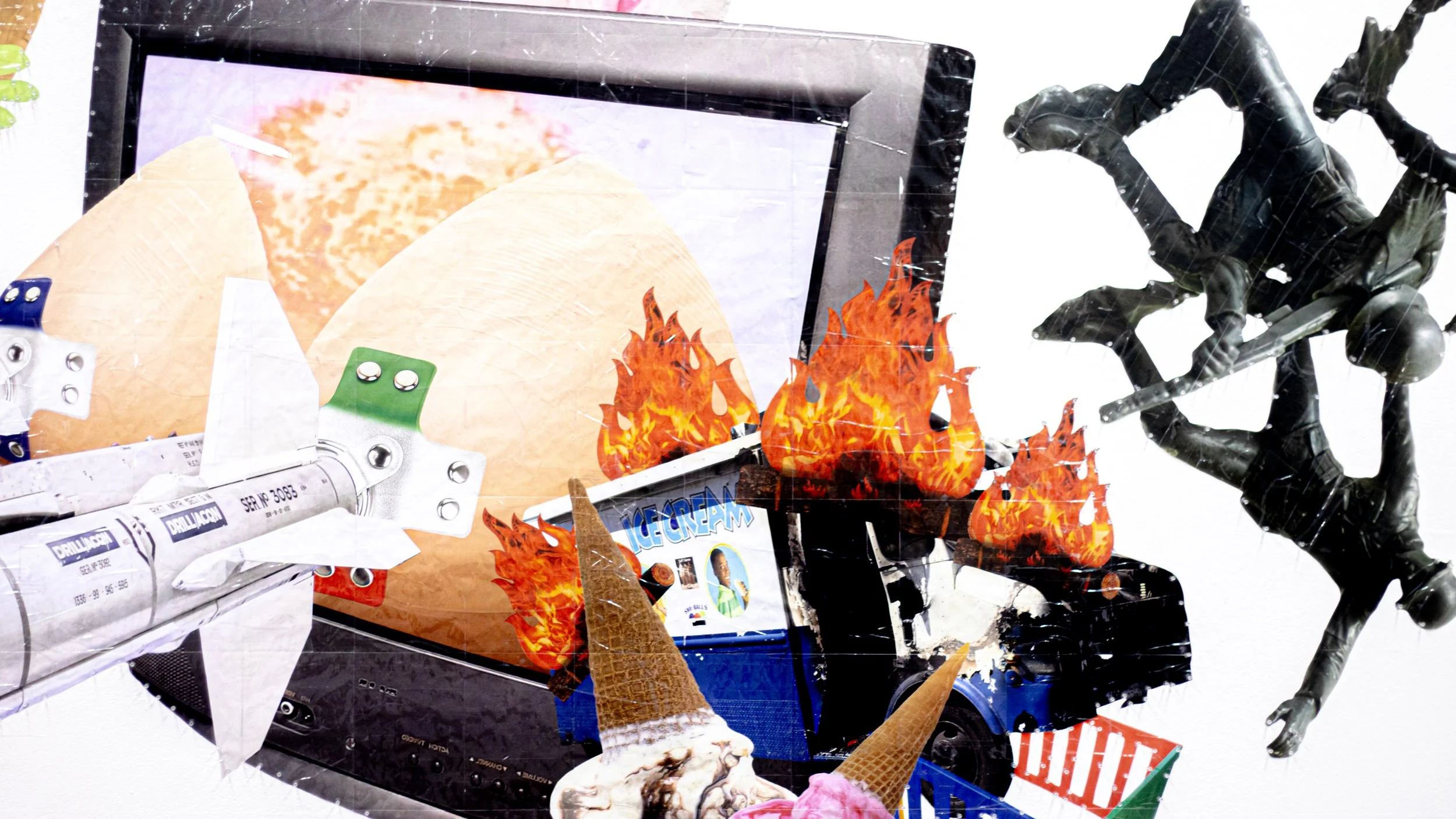 The American Pastime of TV Dinners. Laser print on copy paper, and saran tape. 3 m x 7 m.