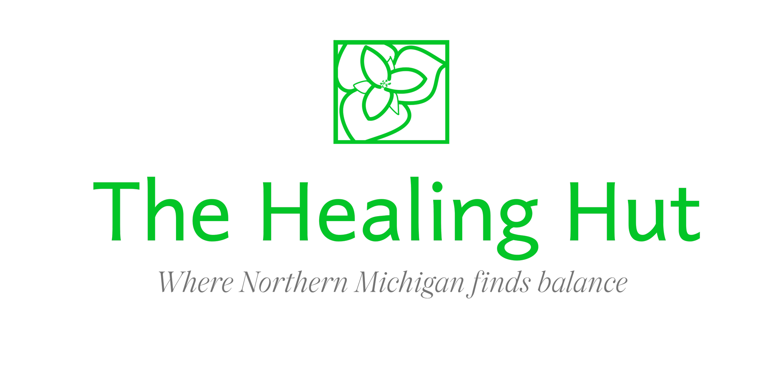 Logo for The Healing Hut featuring a green flower symbol and the text 'The Healing Hut' with a tagline 'Where Northern Michigan finds balance'.