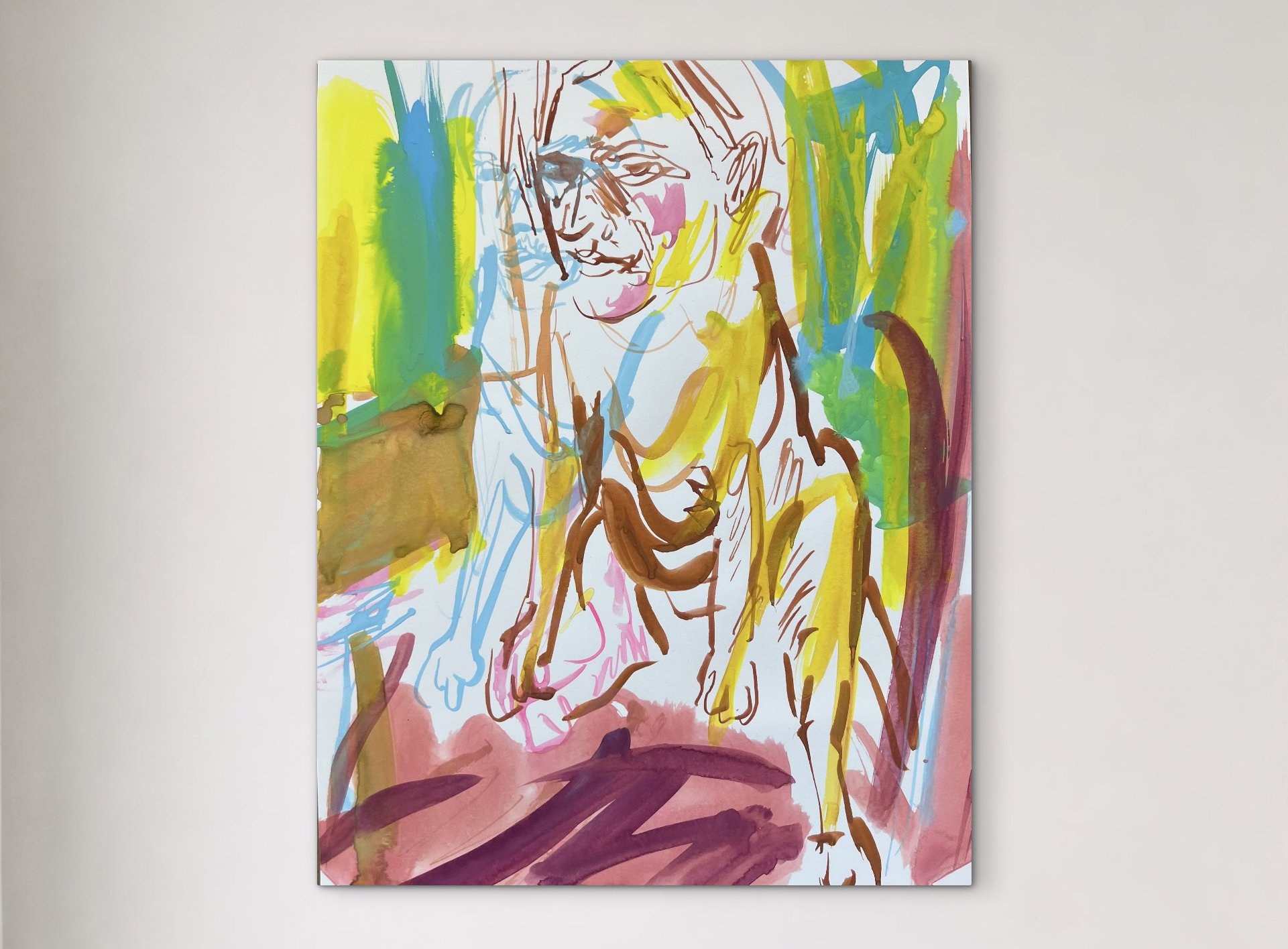 "He Had a Meeting," 2026, gouache on paper, 14" x 11"