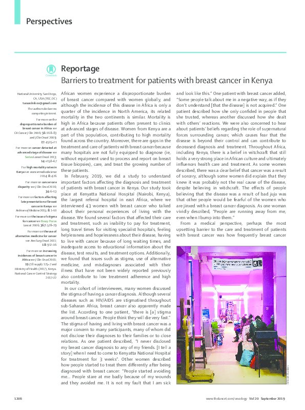Photo of research paper 'barriers to treatment for patients with breast cancer in Kenya that she provided copy editing for