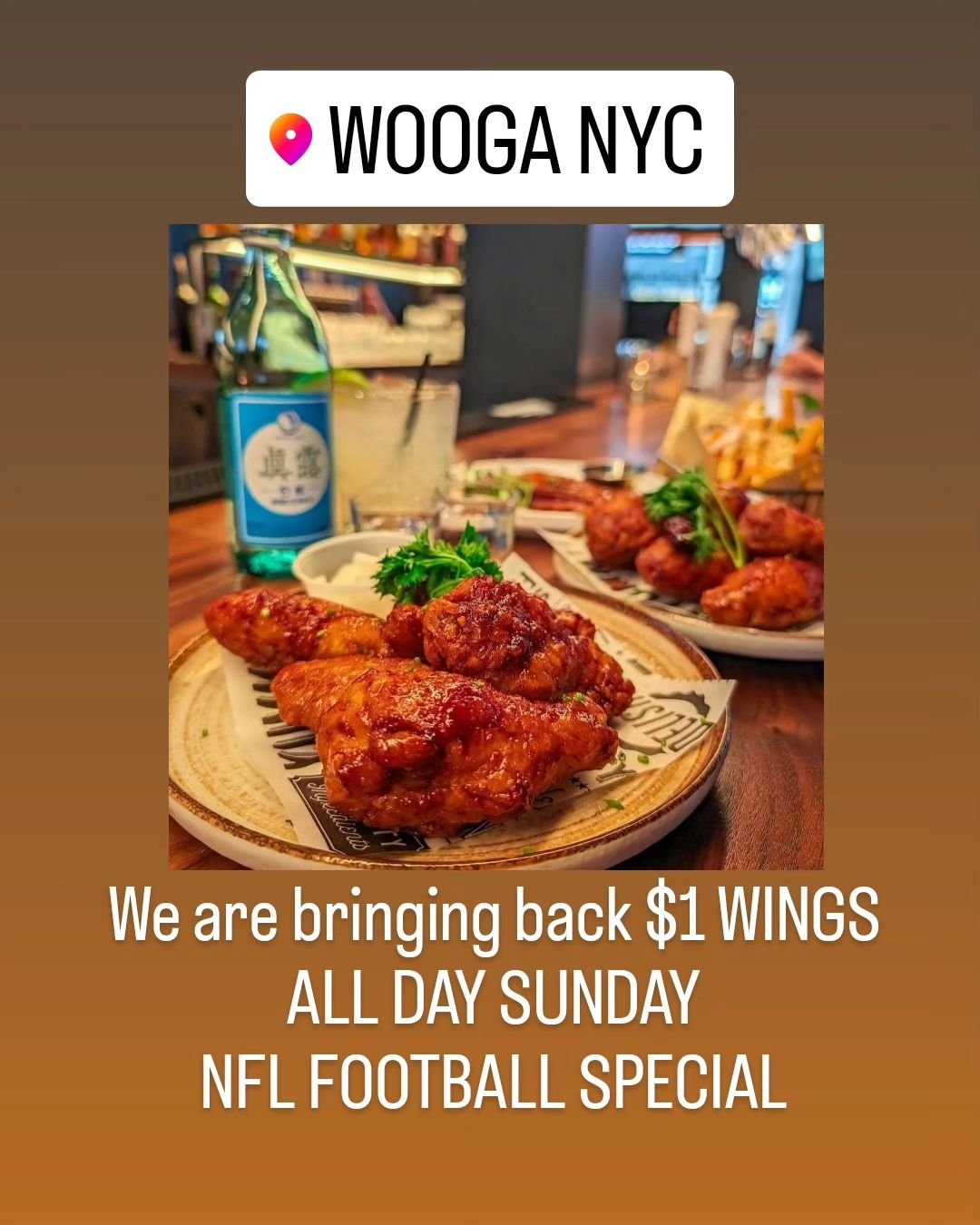 Every Sunday $1 Wings Promo.  Watch the NFL Sunday Games with Happy Hour Drinks.