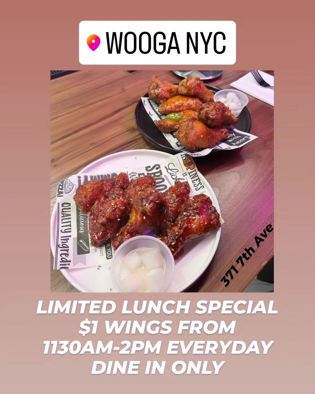 Come in and try our korean fried wings for $1 dine in only everyday for lunch.