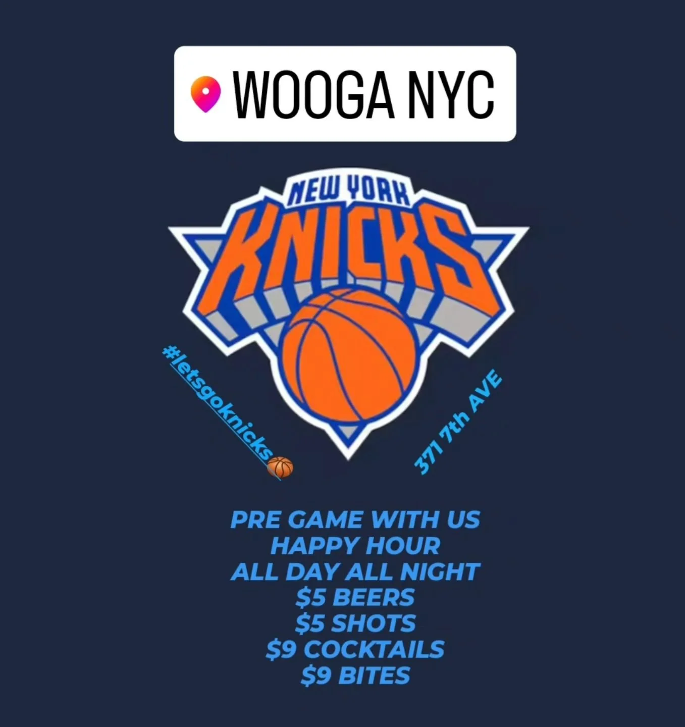 We are located right across MSG on 7th Ave.  Come join us for pregame.  HAPPY HOUR ALL DAY &amp; NIGHT!!