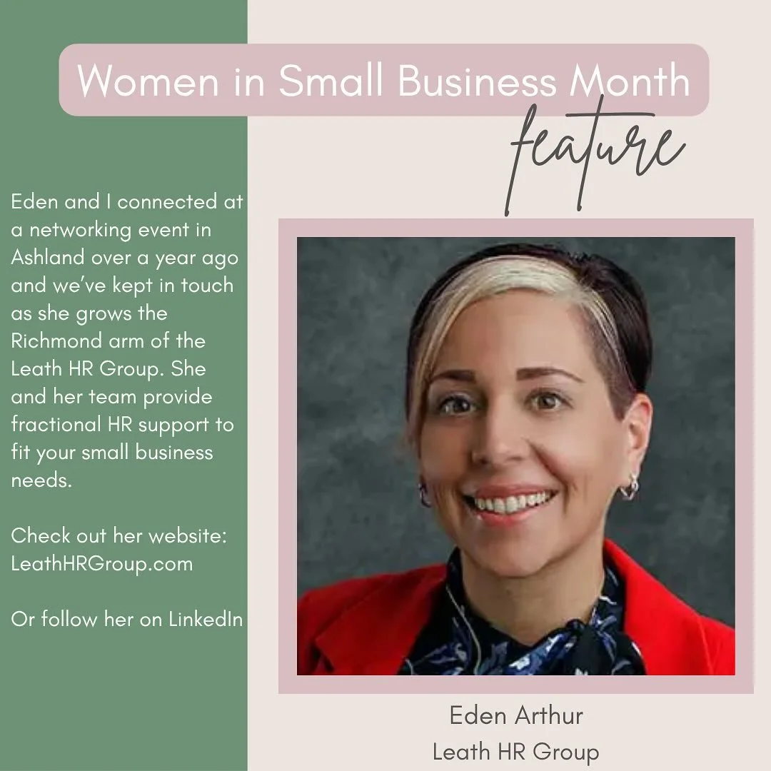 Are you a small business owner in need of fractional HR support? Meet Eden Arthur! Reach out to her on LinkedIn. #rva #womensupportingwomen #womeninsmallbusiness #womeninbusiness @leathhr