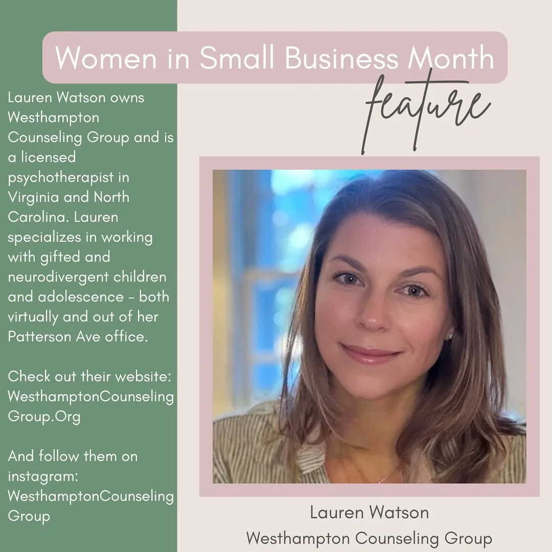 #womeninsmallbusiness #therapy edition! Meet @ldmcbride with @westhamptoncounselinggroup, based in #rva, supporting children and adolescents! #womeninbusiness #womensupportingwomen