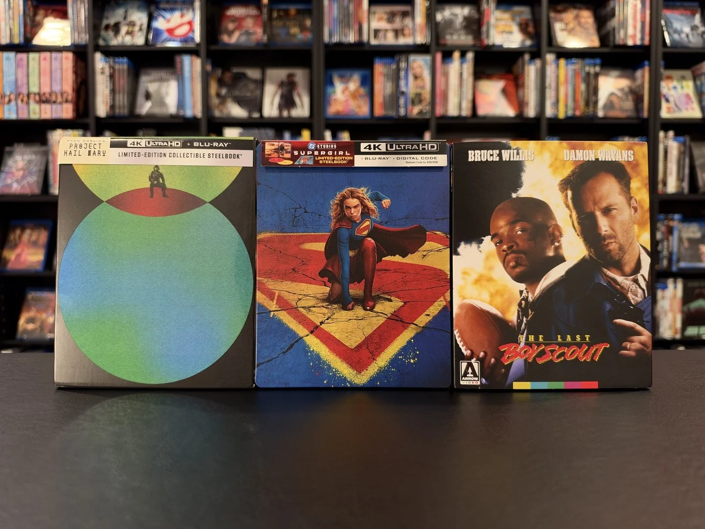 New additions to the shelves this week 🎬

Project Hail Mary in the limited 4K SteelBook, Supergirl in 4K SteelBook, and The Last Boy Scout from Arrow's new 4K restoration.

That brings the collection to 4,349 movies. Somehow the shelves keep making 