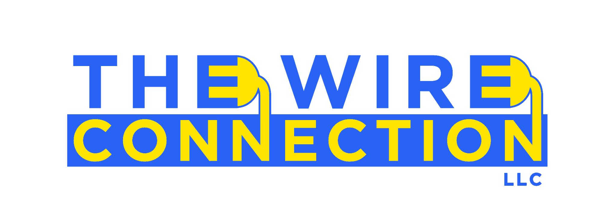 Logo with the text 'The Wire Connection LLC' in blue and yellow, with a design element of a yellow wire integrated into the lettering.