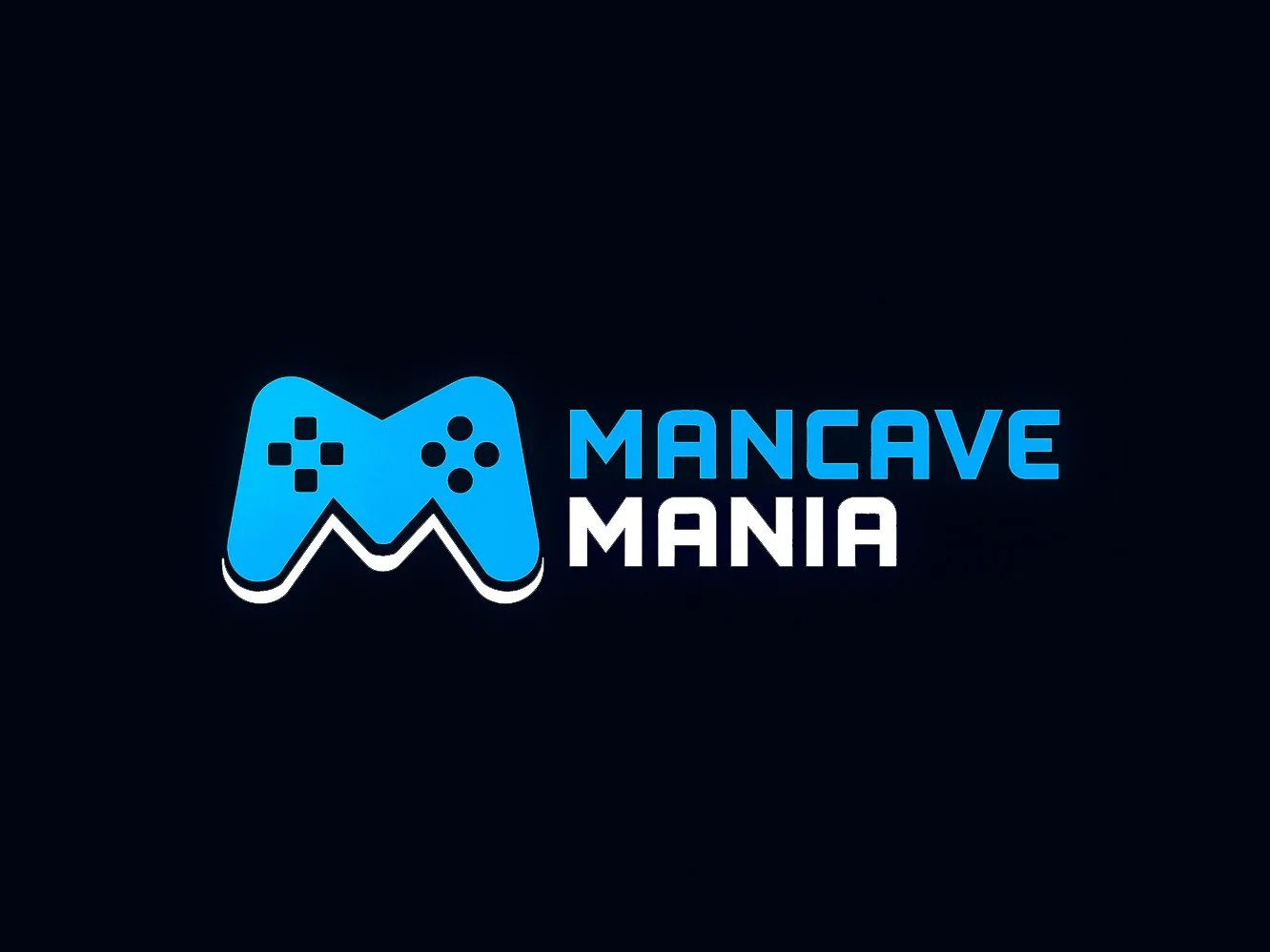 Logo with a blue gaming controller icon and the words "MANCAVE MANIA" in blue and white.