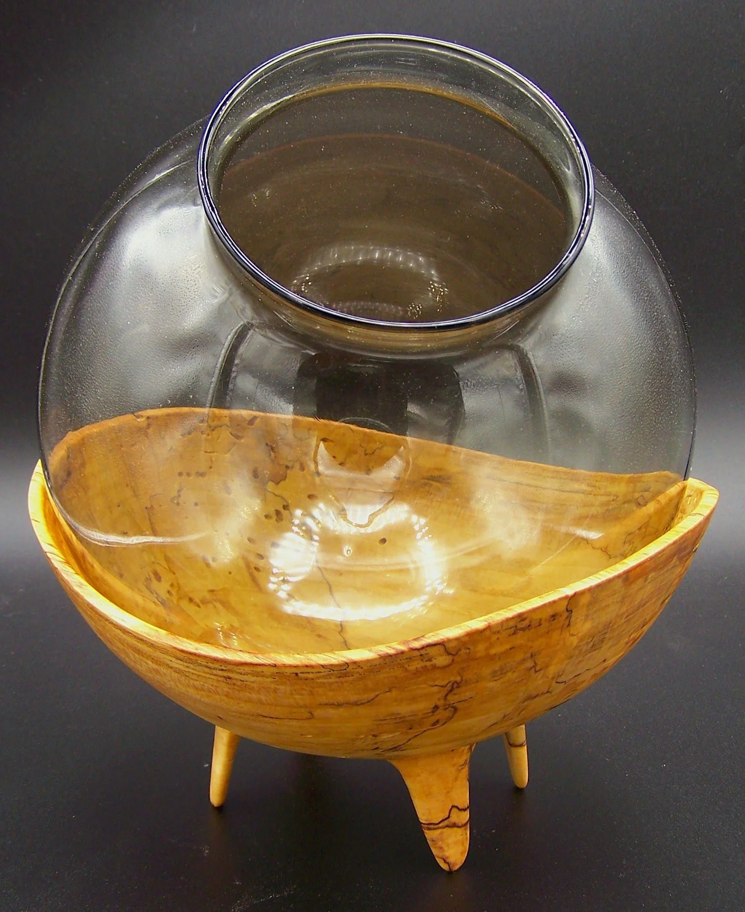 8 in spalted Maple footed bowl with globe.JPG