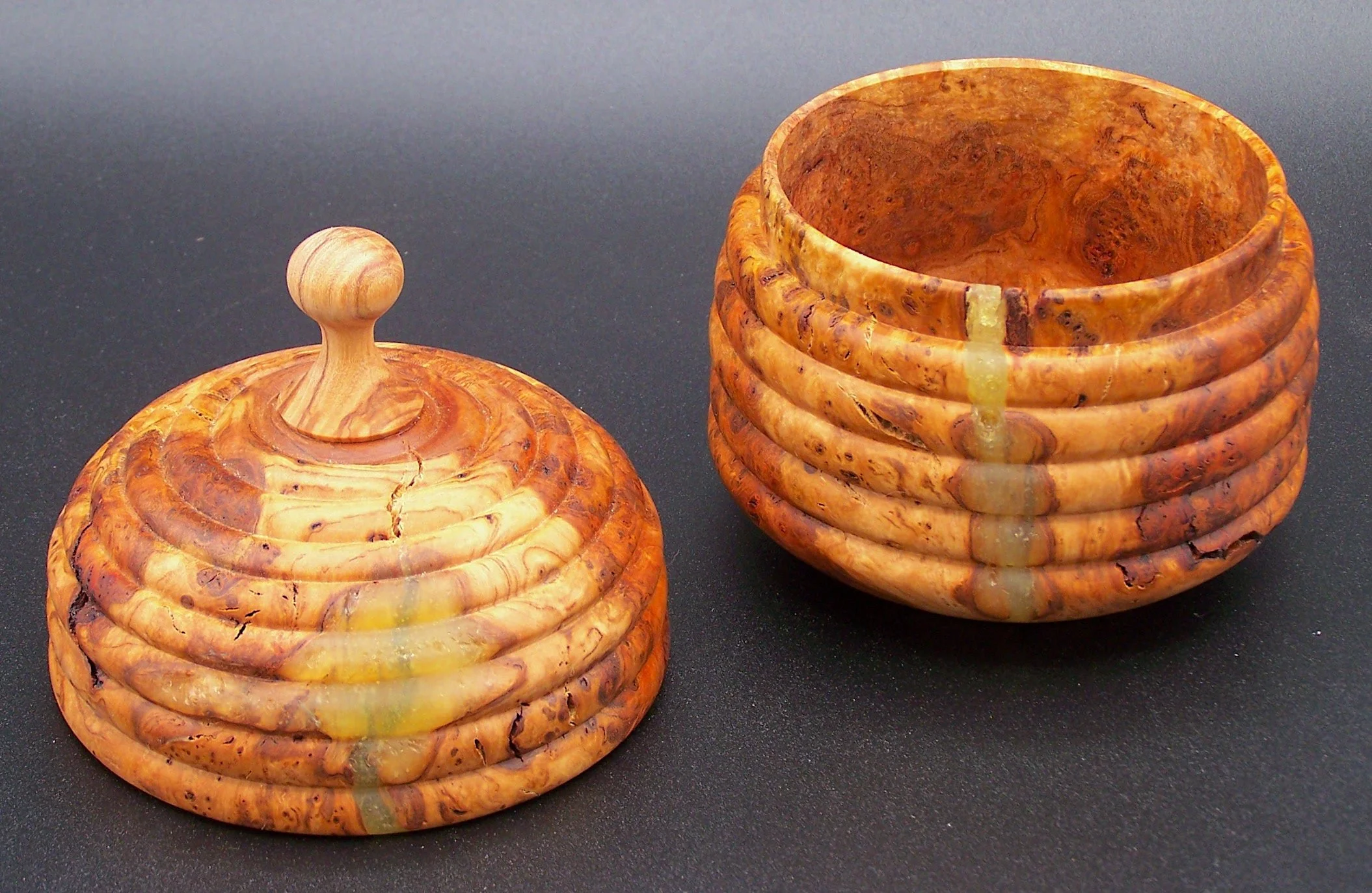 4 x 7 in Cherry burl_Maple and resin beehive box_open.JPG