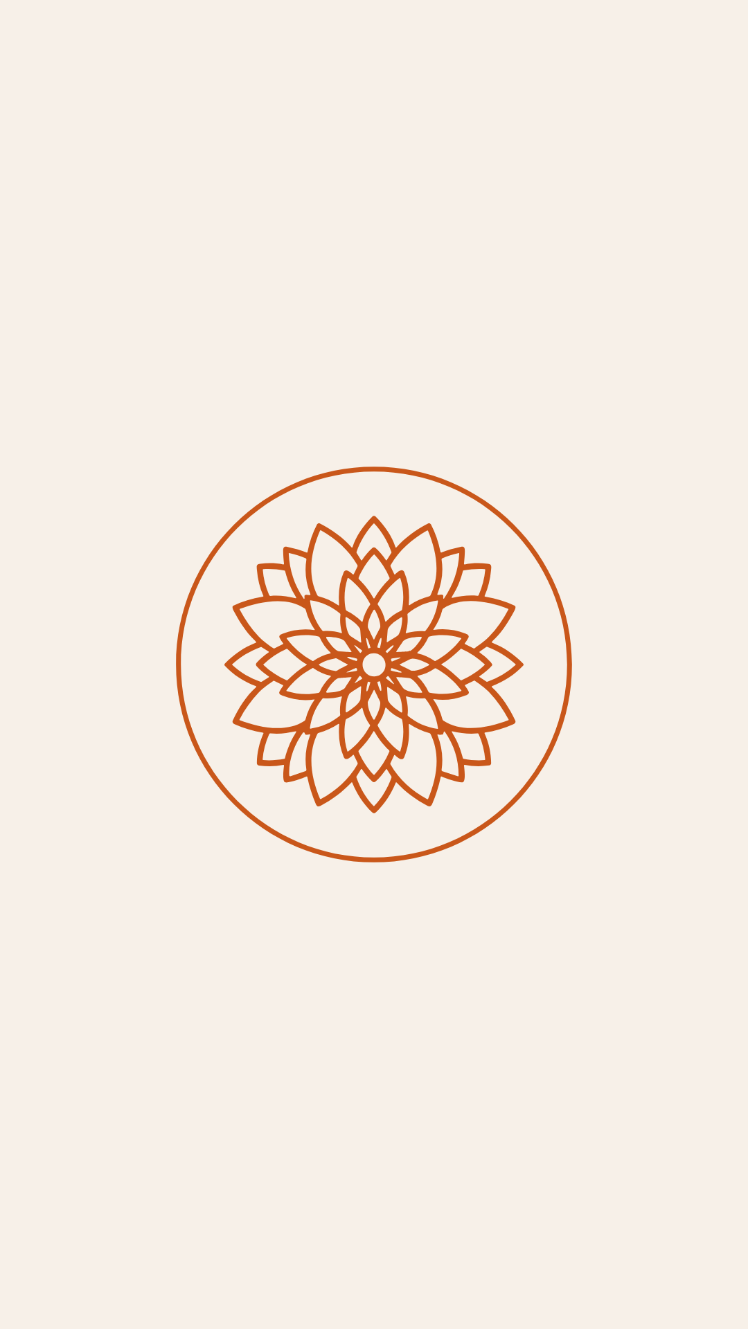 A minimalist mandala design with a radial pattern of petal shapes, outlined in reddish-brown on a light beige background.
