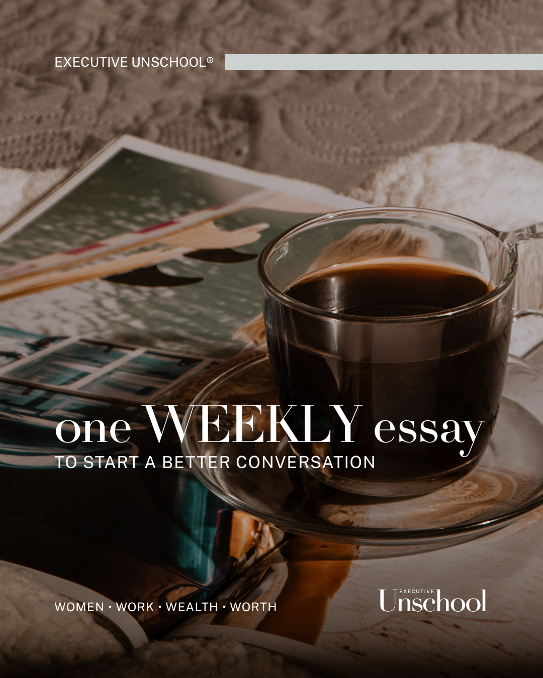 A magazine, a cup of coffee, and a newspaper on a cozy surface with blankets for a weekly essay theme.
