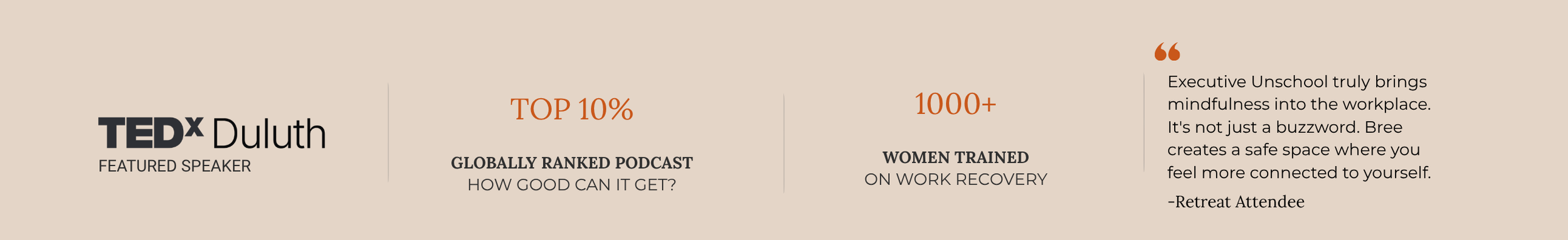 A promotional banner for TEDx Duluth with statistics: top 10% globally ranked podcast, over 1000 women trained on work recovery, and a quote about mindfulness and workplace connection from a Retreat Attendee.